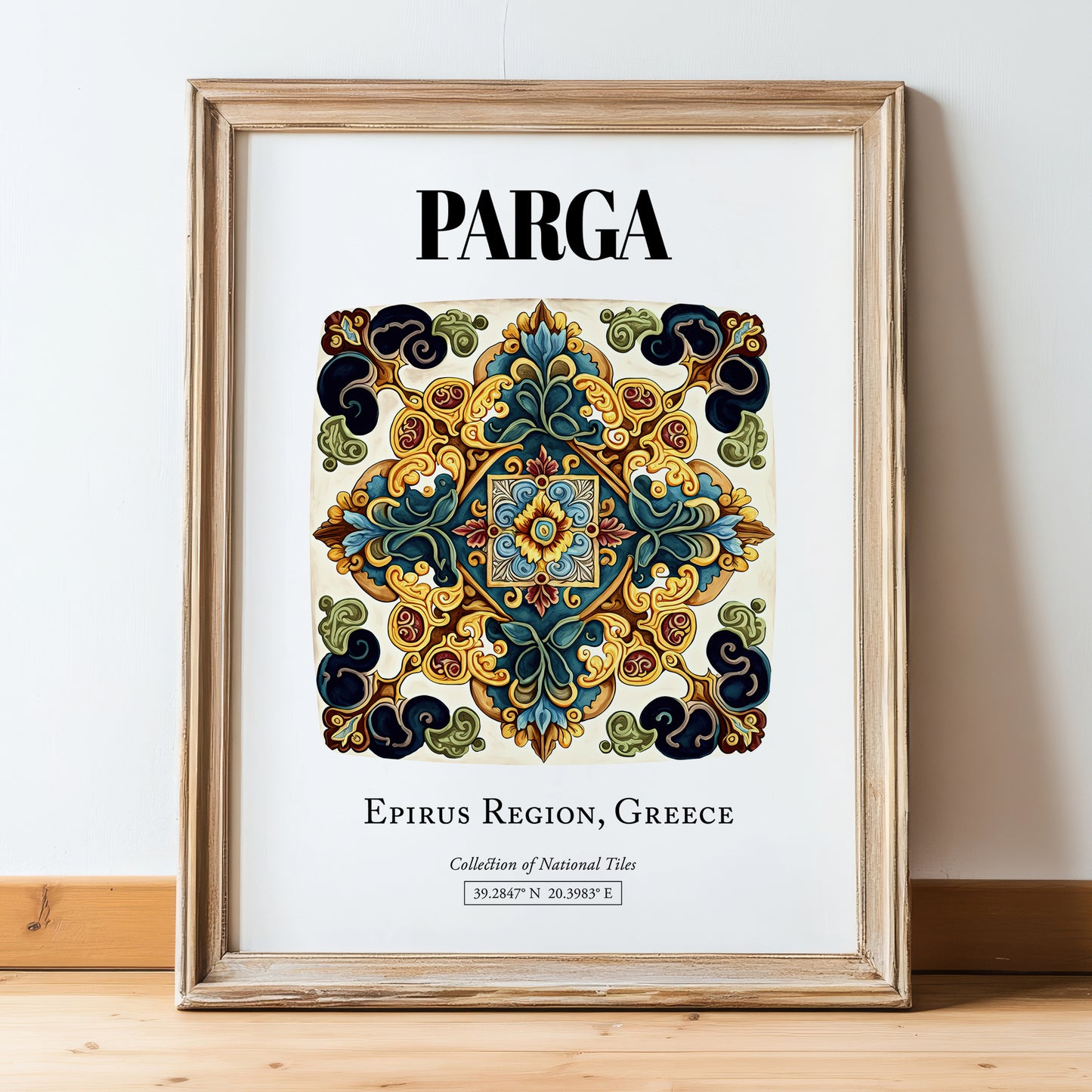 Parga, Greece – Travel Wall Decor, in wooden frame leaning on the floor