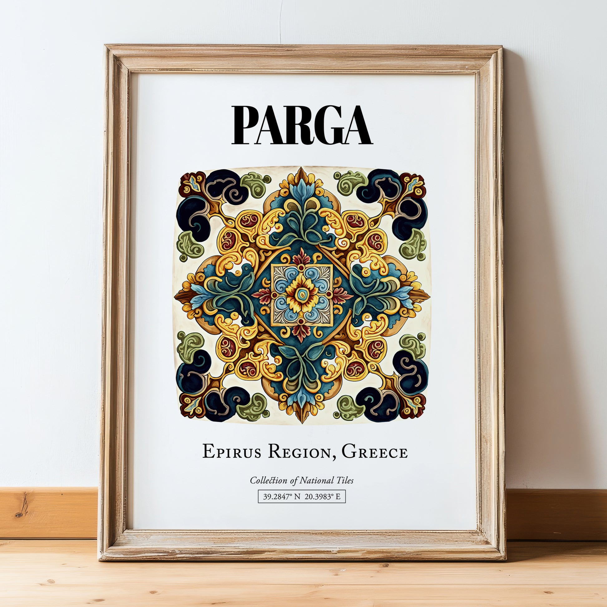Parga, Greece – Travel Wall Decor, in wooden frame leaning on the floor