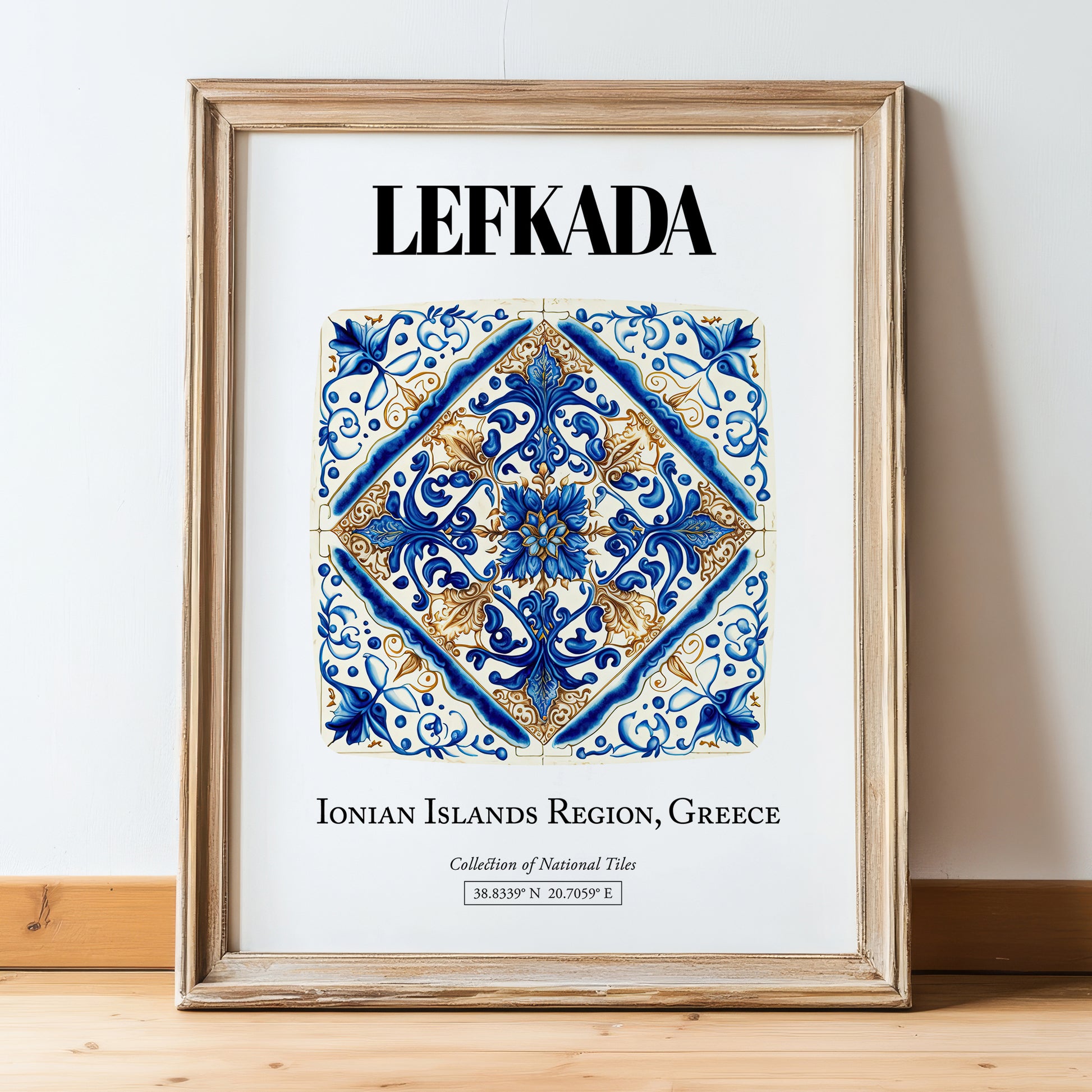 Lefkada, Greece – Travel Poster, in wooden frame leaning on the floor