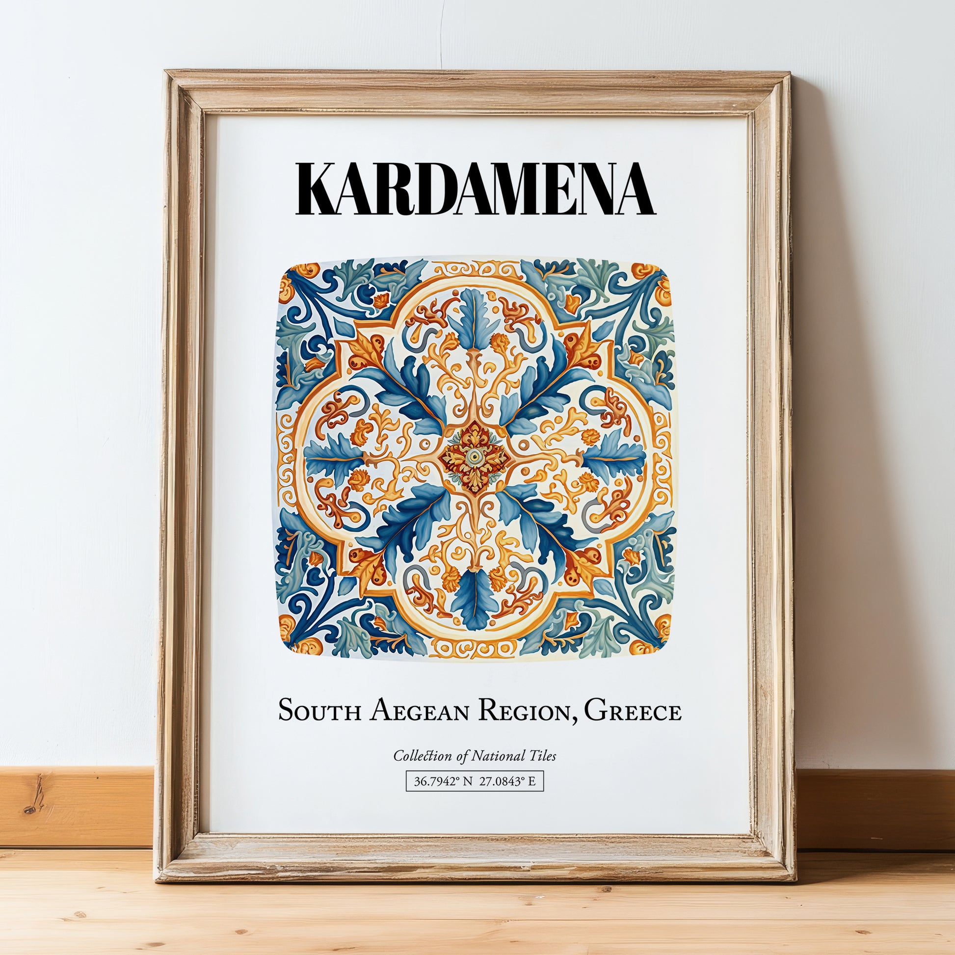 Kardamena, Greece – Global Cities Wall Print, in wooden frame leaning on the floor
