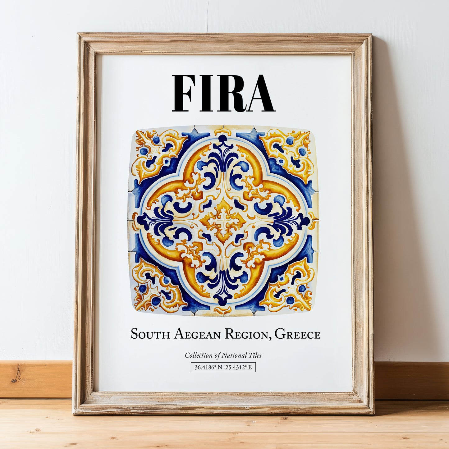 Fira, Greece – Travel Print, in wooden frame leaning on the floor