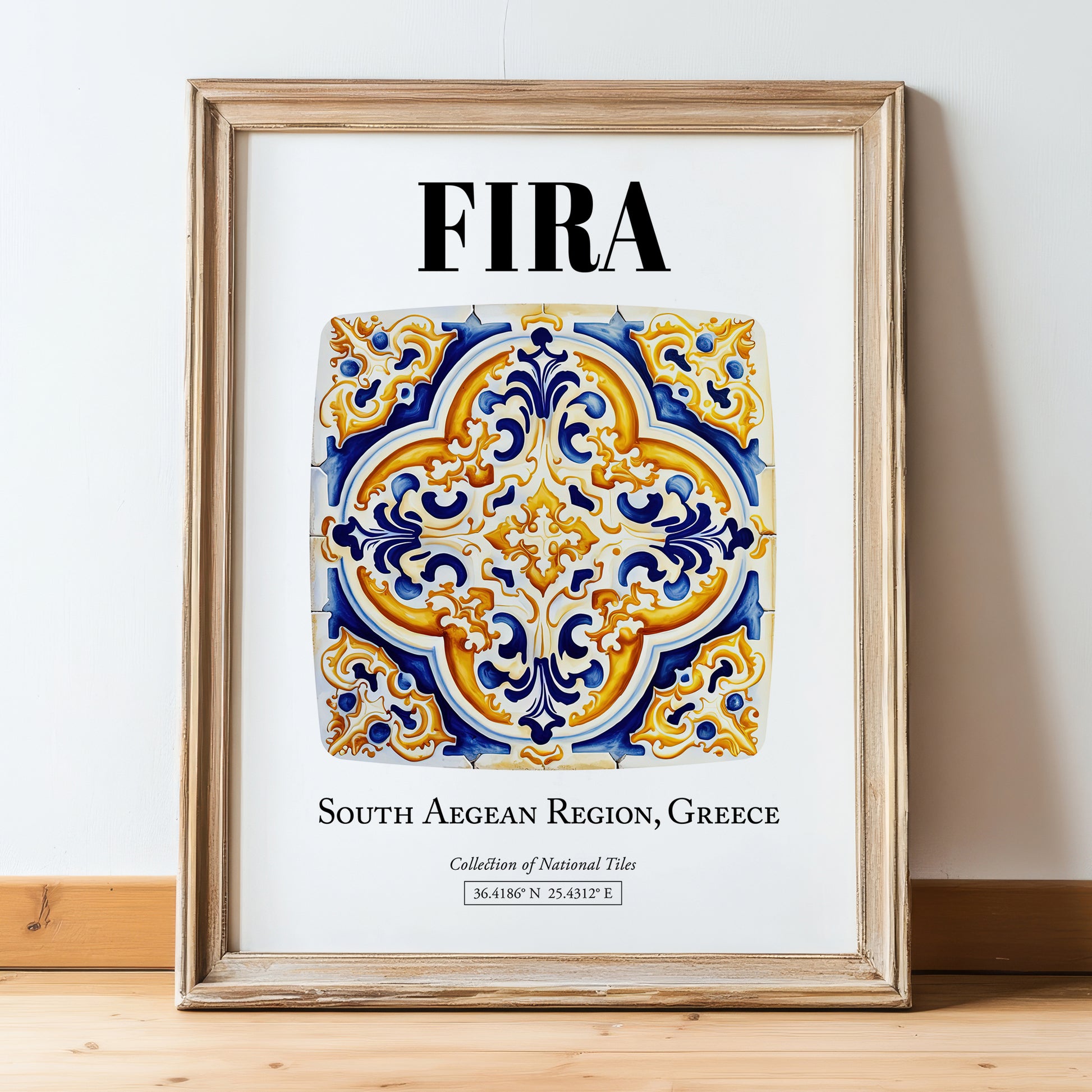 Fira, Greece – Travel Print, in wooden frame leaning on the floor