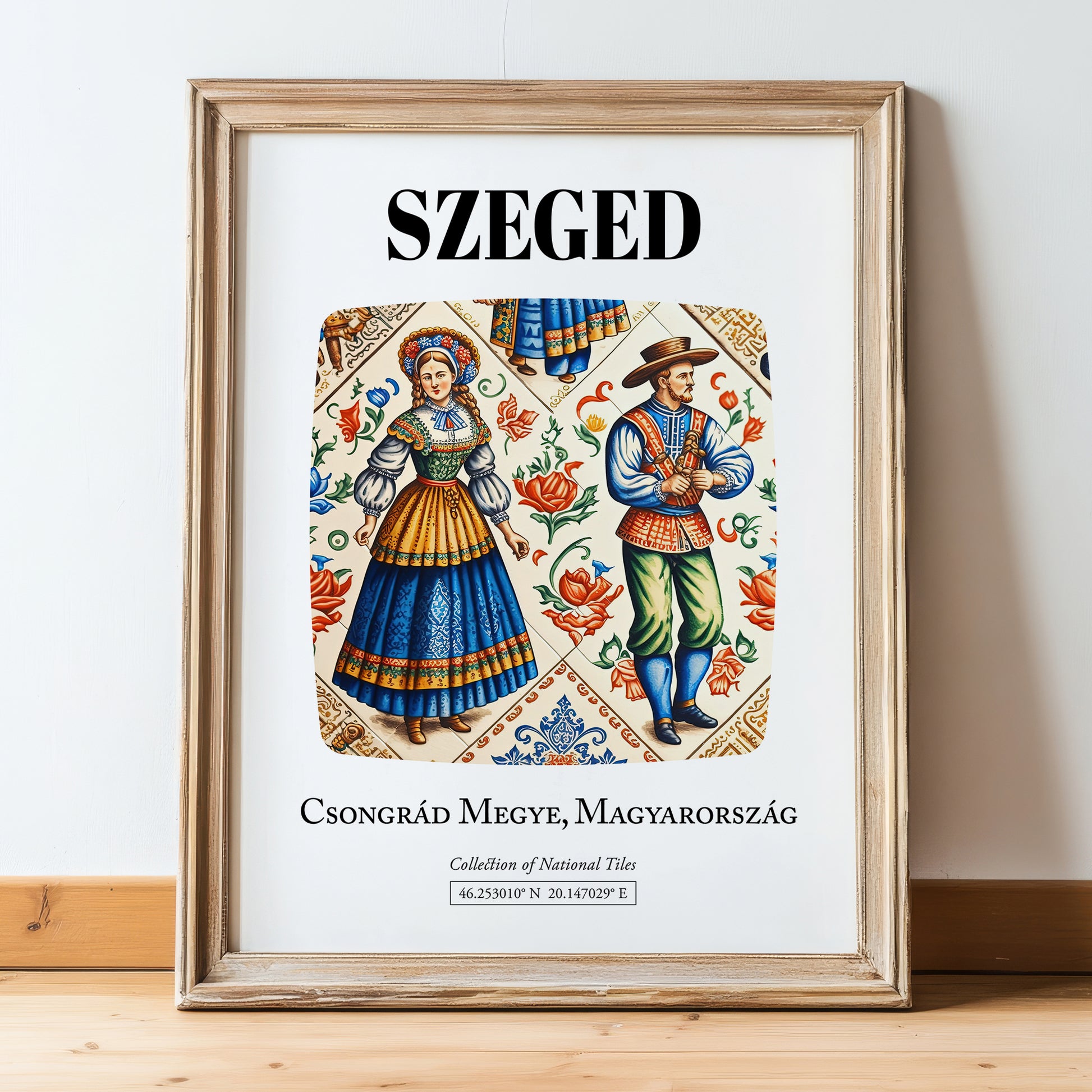 Szeged, Hungary – Travel Poster, in wooden frame leaning on the floor