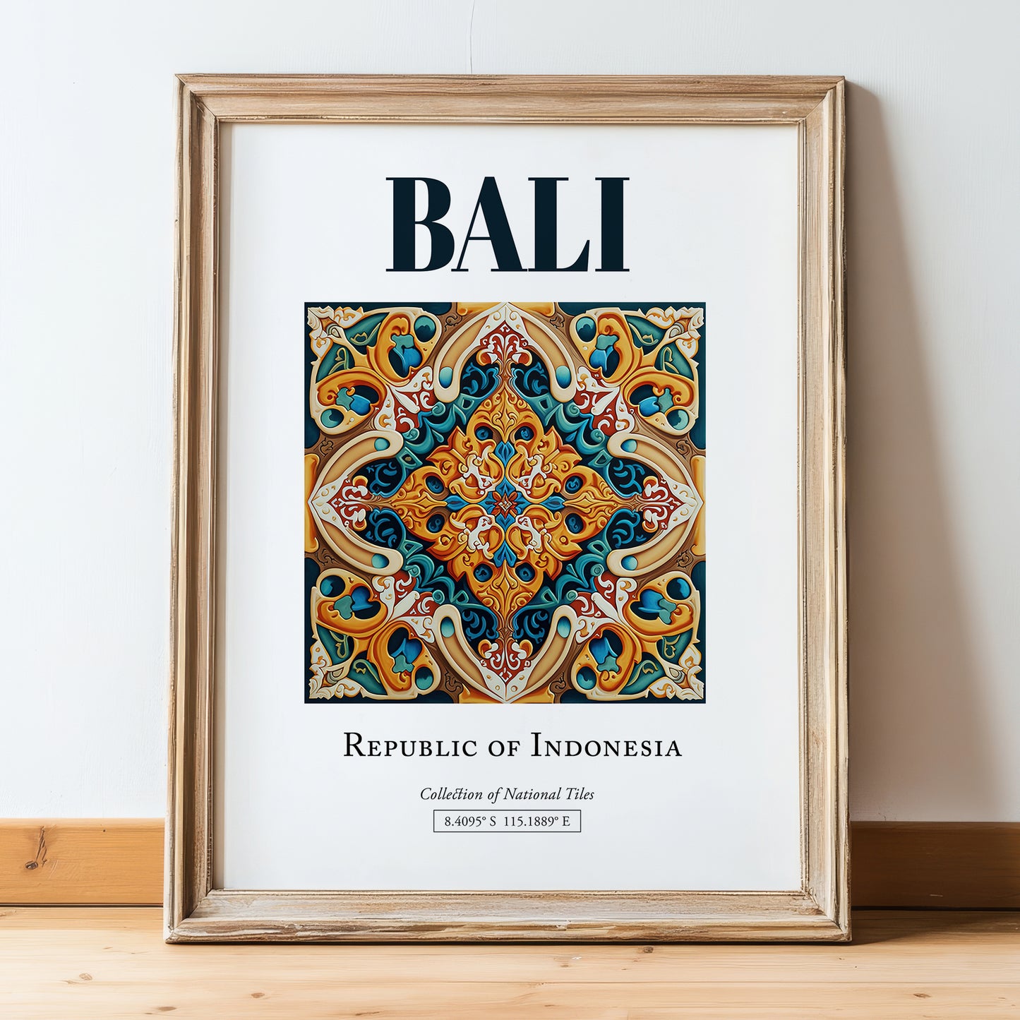 Bali, Indonesia – Travel Poster, in wooden frame leaning on the floor