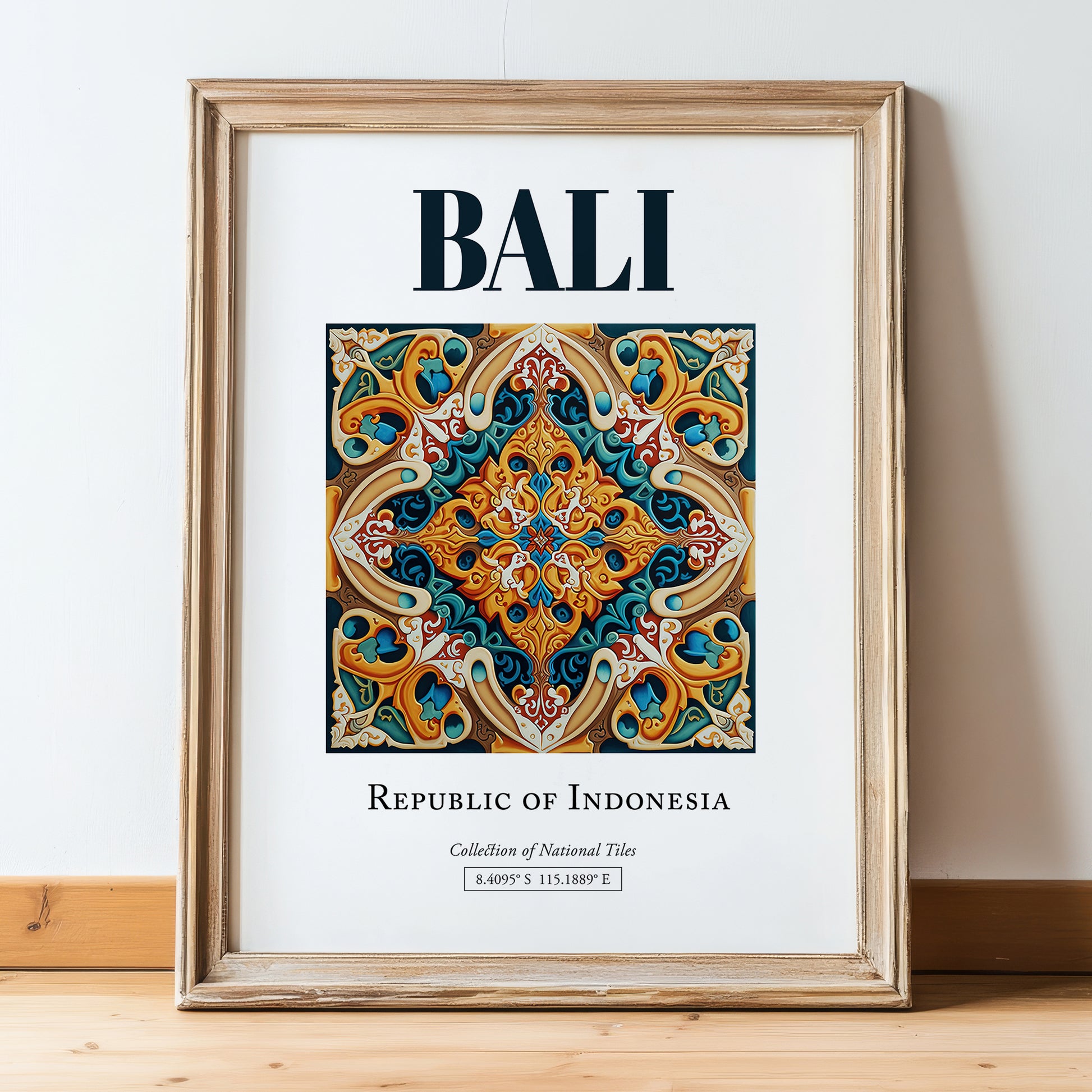 Bali, Indonesia – Travel Poster, in wooden frame leaning on the floor
