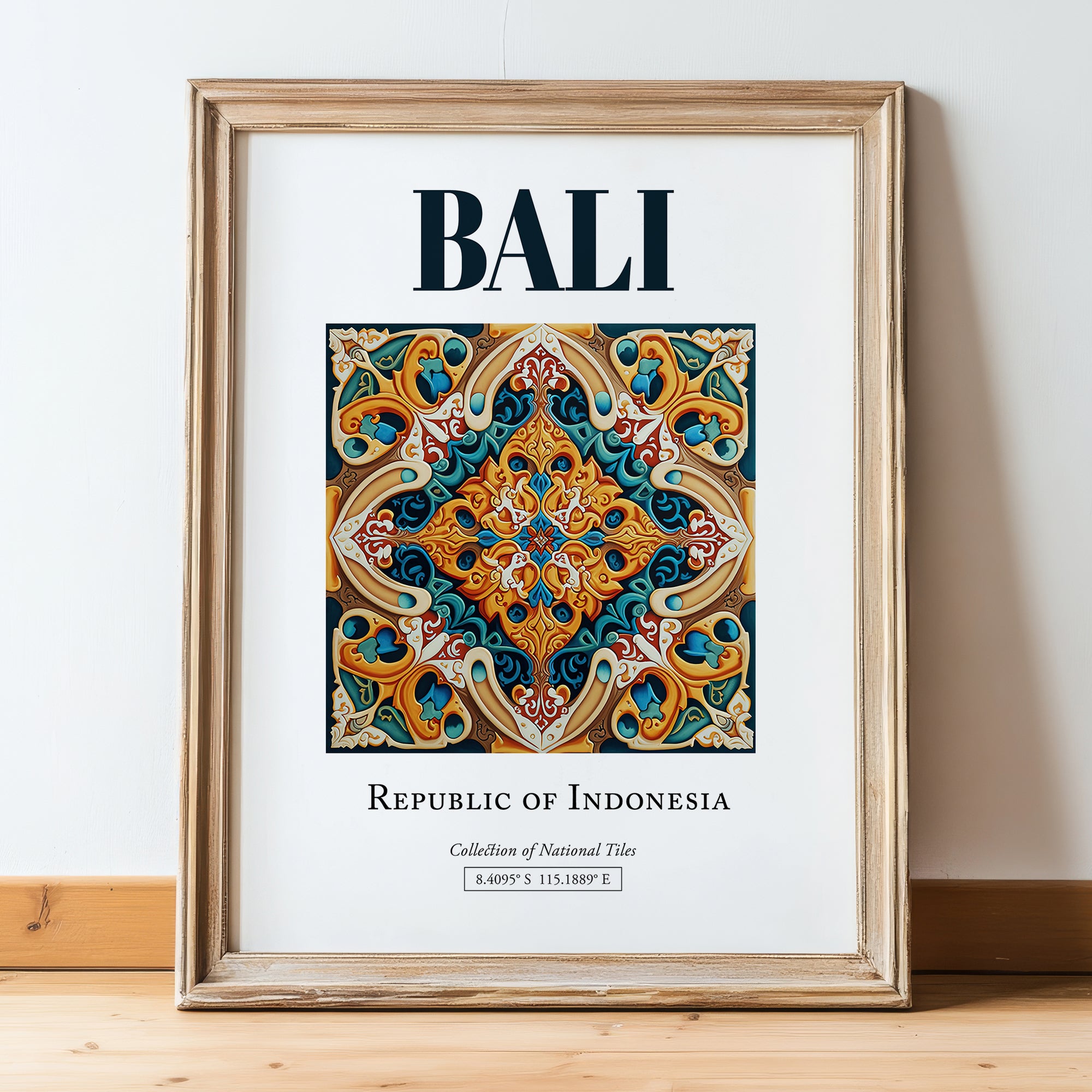 Bali, Indonesia – Travel Poster, in wooden frame leaning on the floor