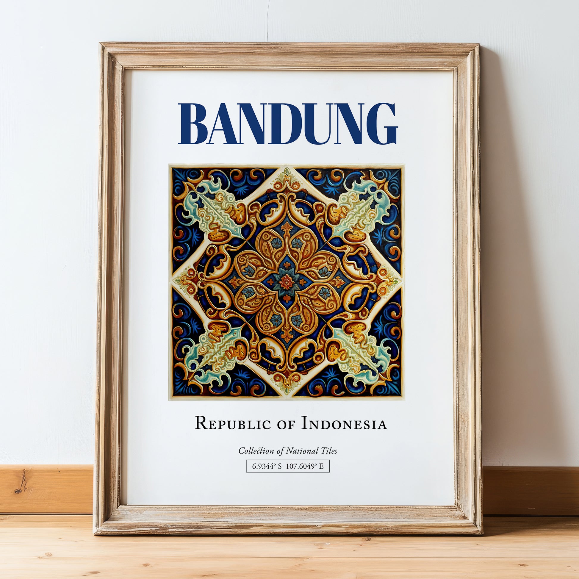 Bandung, Indonesia – Travel Poster, in wooden frame leaning on the floor