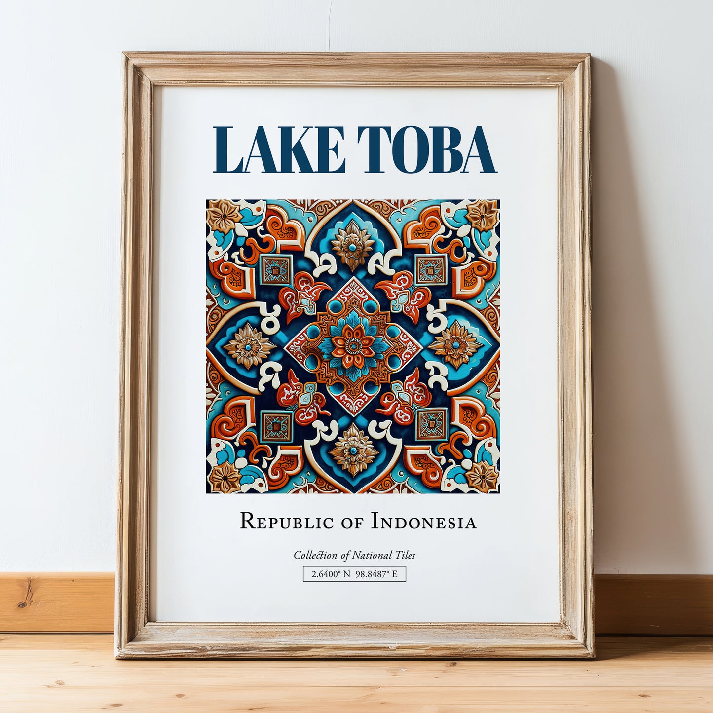 Lake Toba, Indonesia – Travel Poster, in wooden frame leaning on the floor