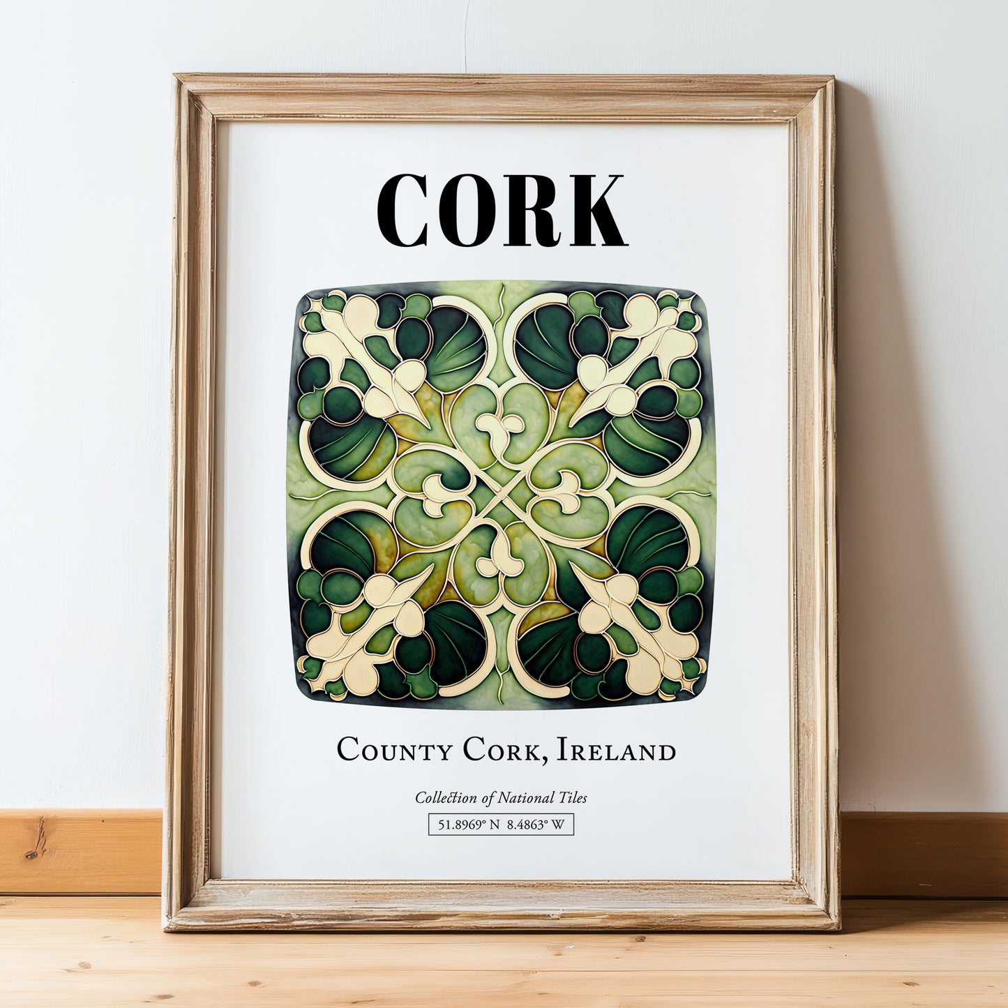 Cork, Ireland – Travel Wall Art, in wooden frame leaning on the floor