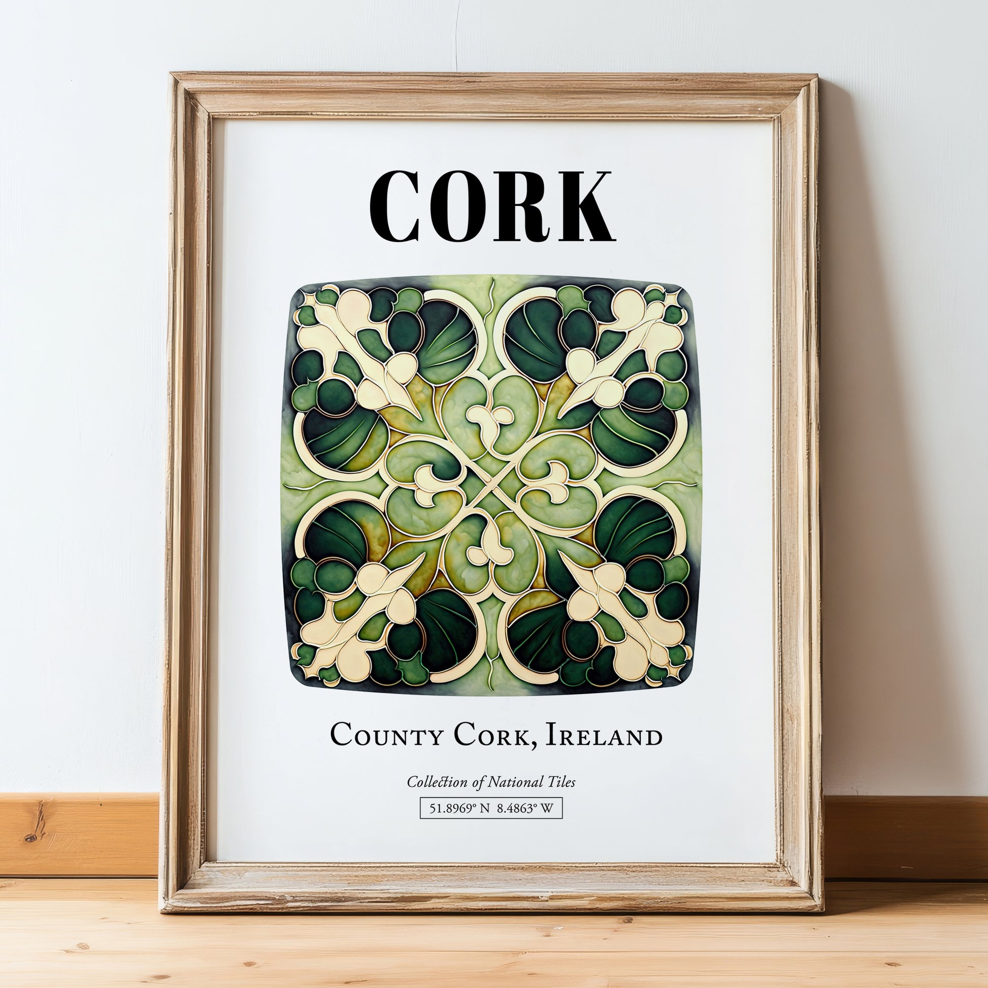 Cork, Ireland – Travel Wall Art, in wooden frame leaning on the floor