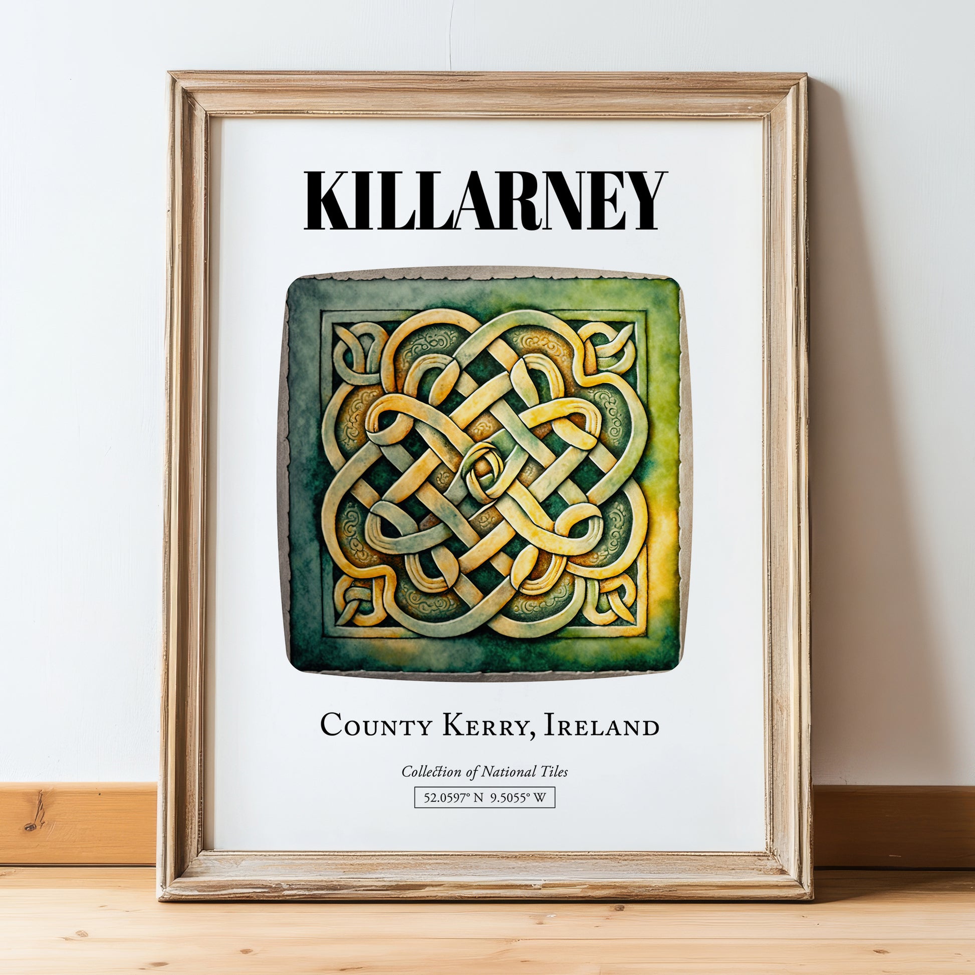 Killarney, Ireland – Illustrated Travel Poster, in wooden frame leaning on the floor