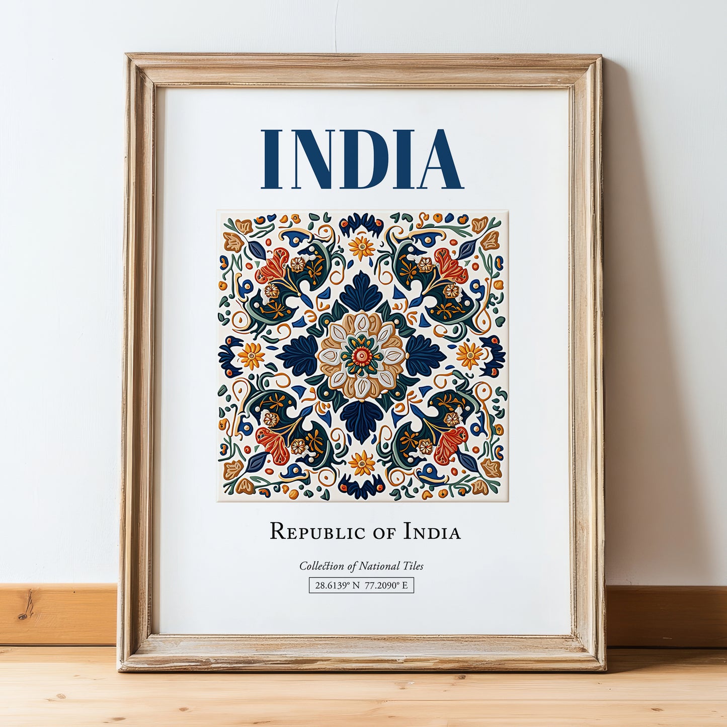India, India – Travel Poster, in wooden frame leaning on the floor