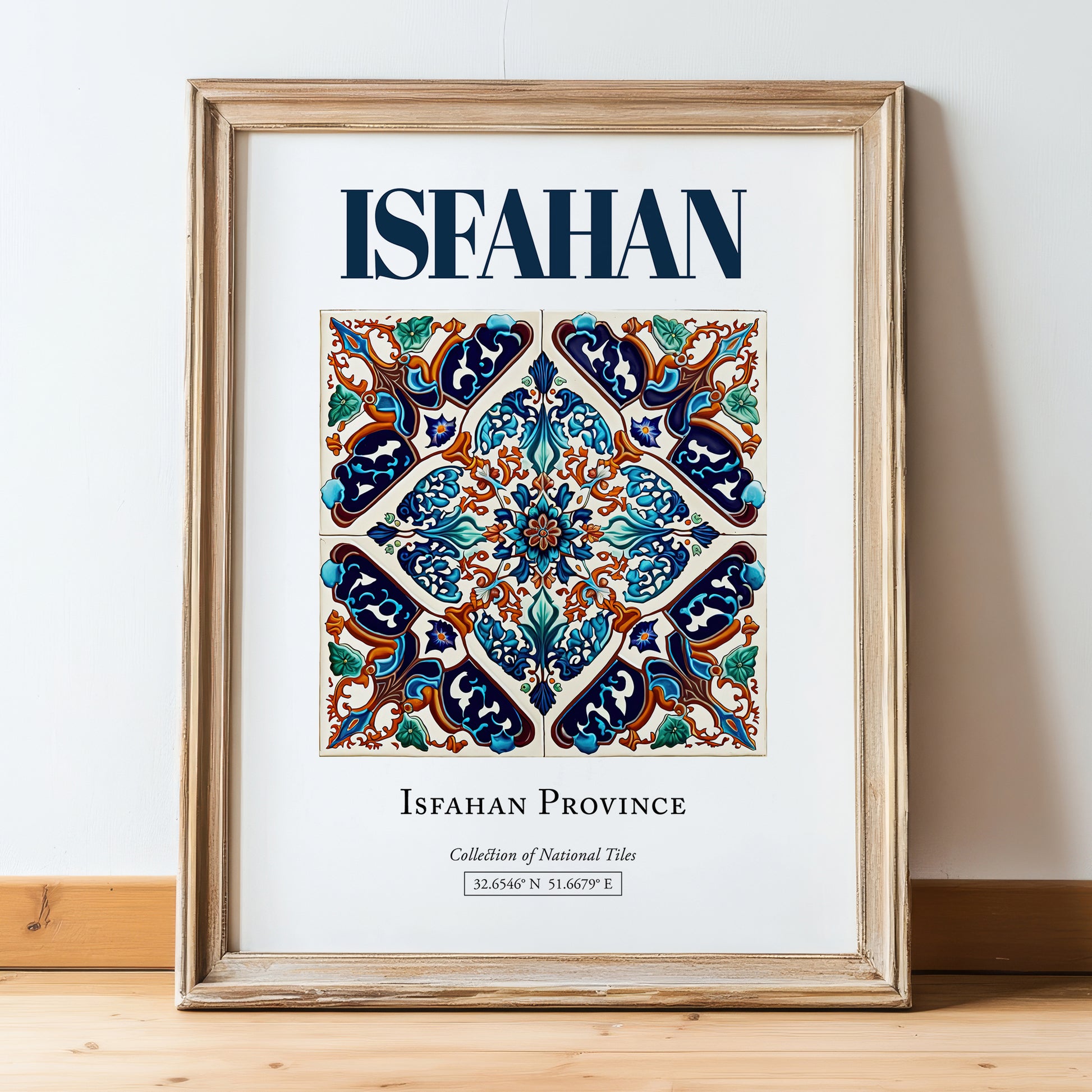 Isfahan, Iran – Vintage Travel Poster, in wooden frame leaning on the floor