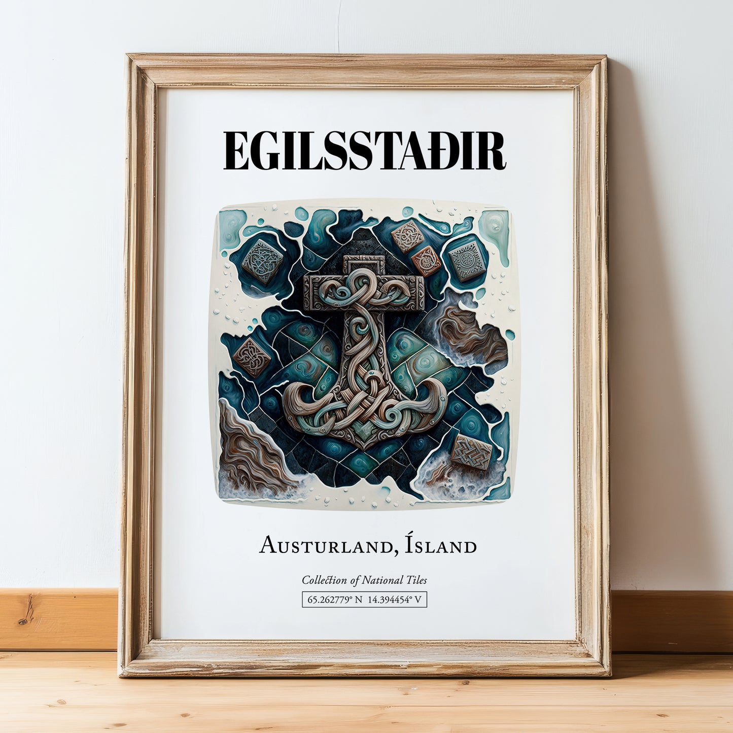 Egilsstaðir, Iceland – Travel Print, in wooden frame leaning on the floor