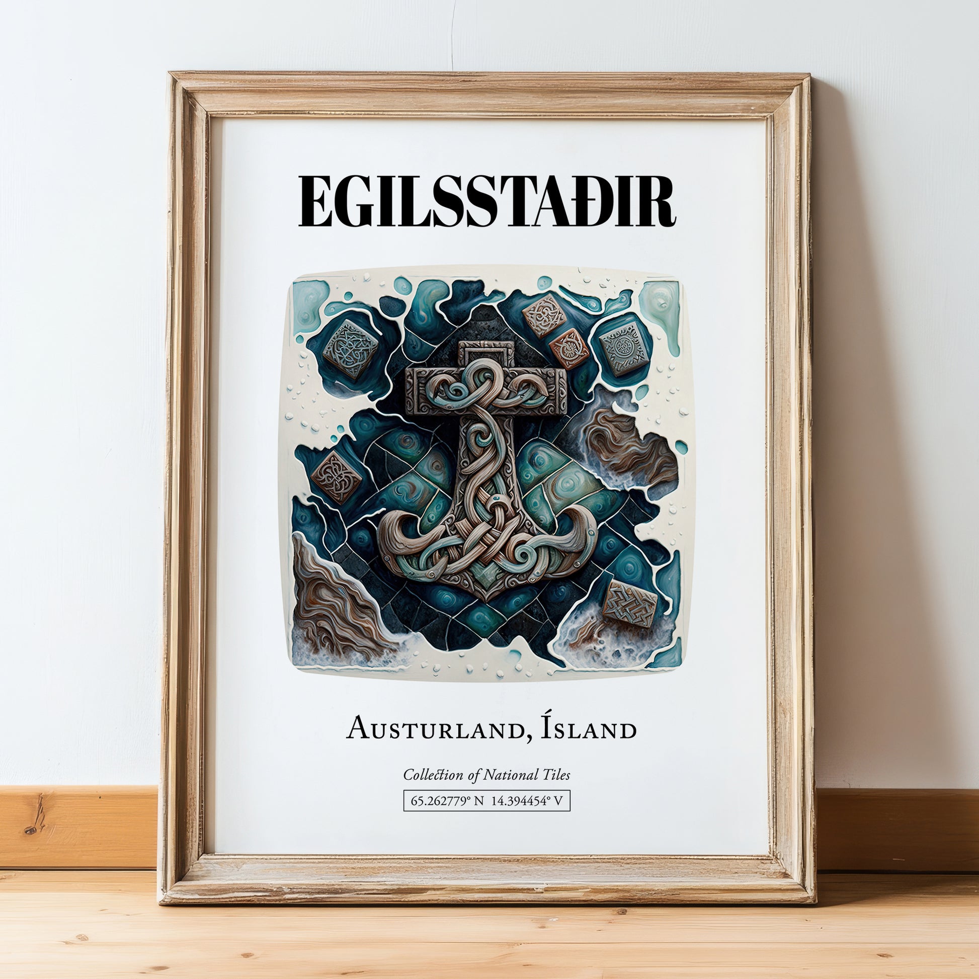 Egilsstaðir, Iceland – Travel Print, in wooden frame leaning on the floor