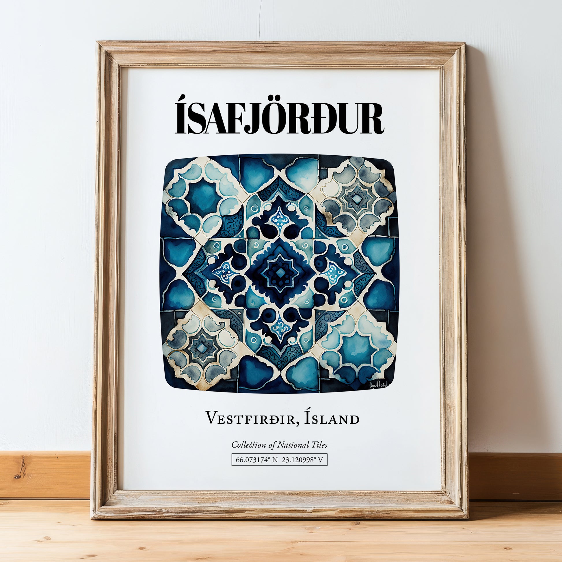 Ísafjörður, Iceland – Travel Print, in wooden frame leaning on the floor