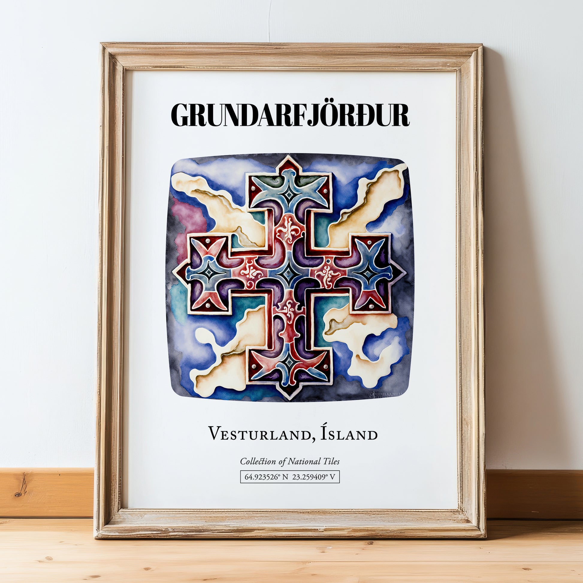 Grundarfjörður, Iceland – World Travel Art, in wooden frame leaning on the floor