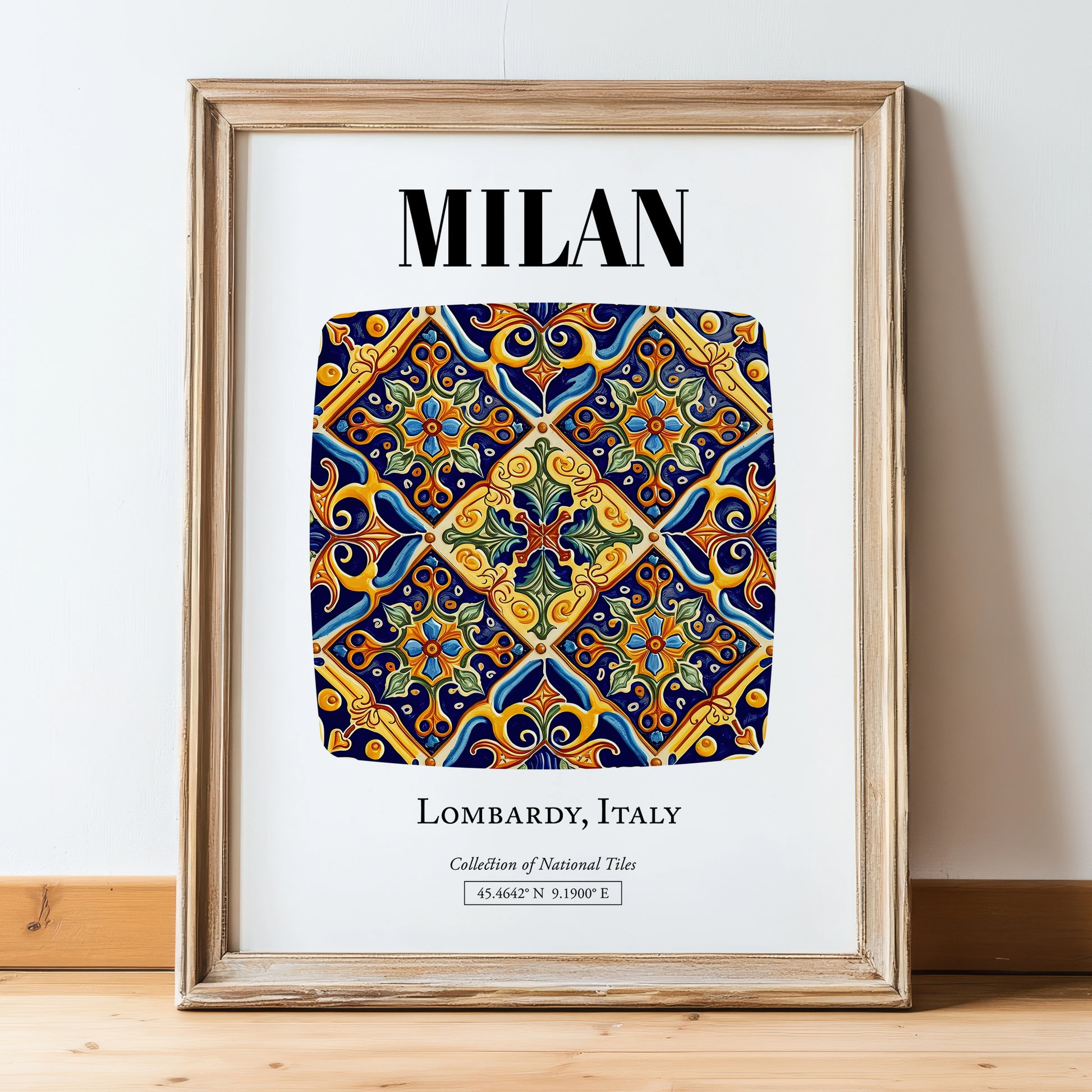 Milan, Italy – Vintage Travel Poster, in wooden frame leaning on the floor