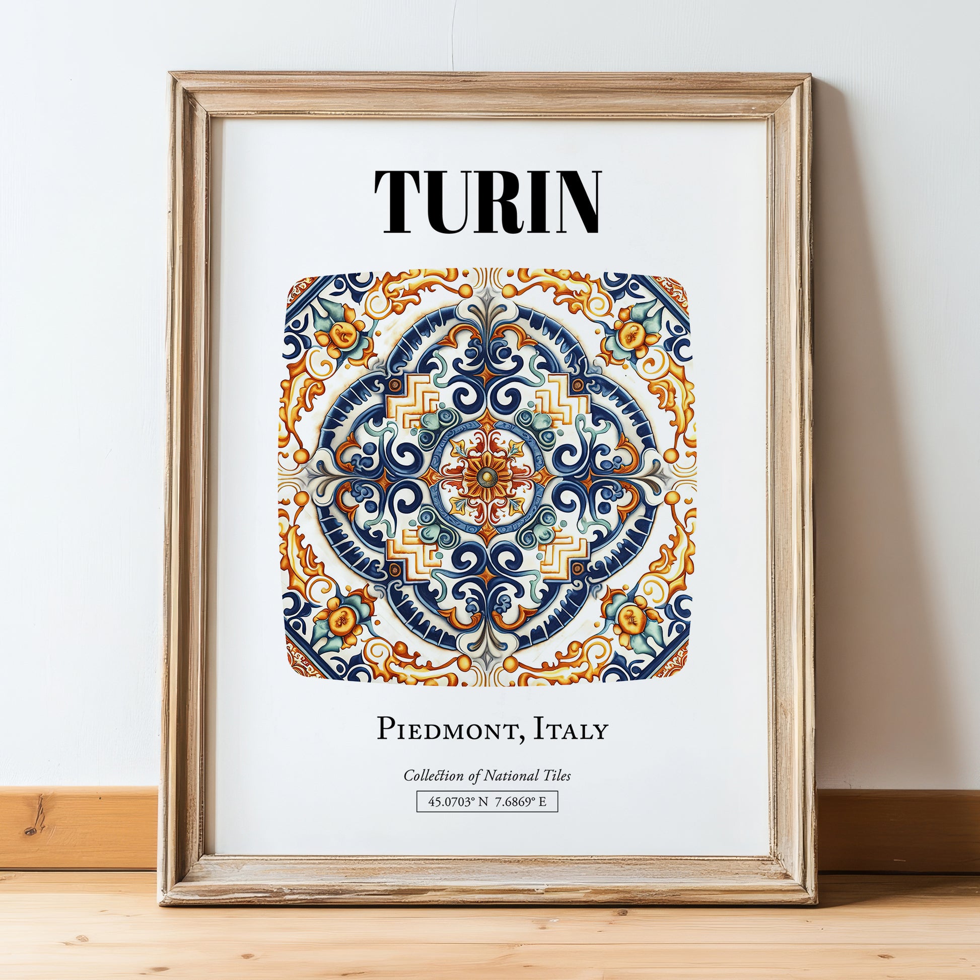 Turin, Italy – Travel Wall Decor, in wooden frame leaning on the floor