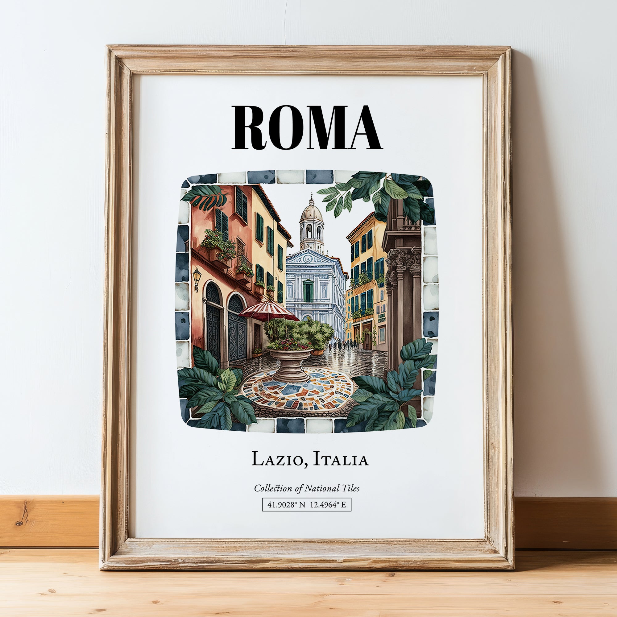 Roma, Italy – Travel Poster, in wooden frame leaning on the floor