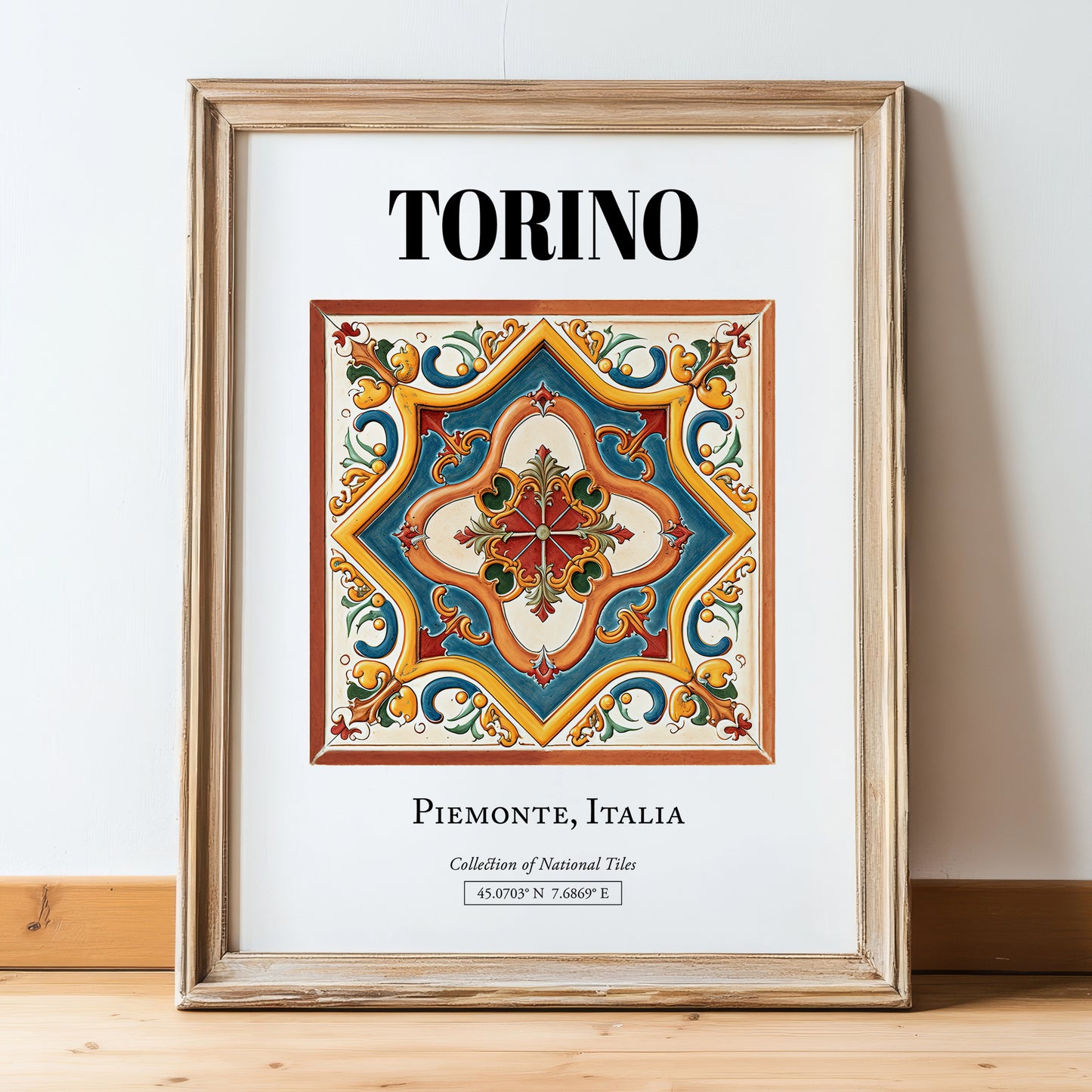 Torino, Italy – Away From Home Poster, in wooden frame leaning on the floor