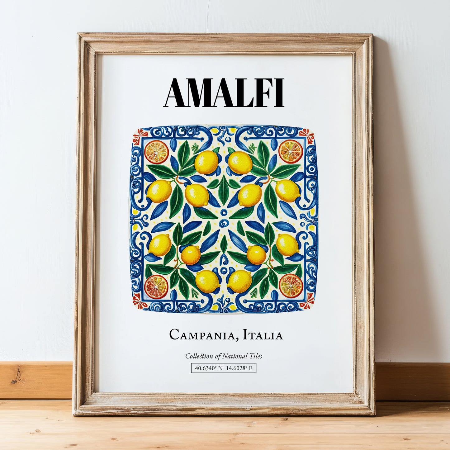 Amalfi, Italy – Travel Poster, in wooden frame leaning on the floor