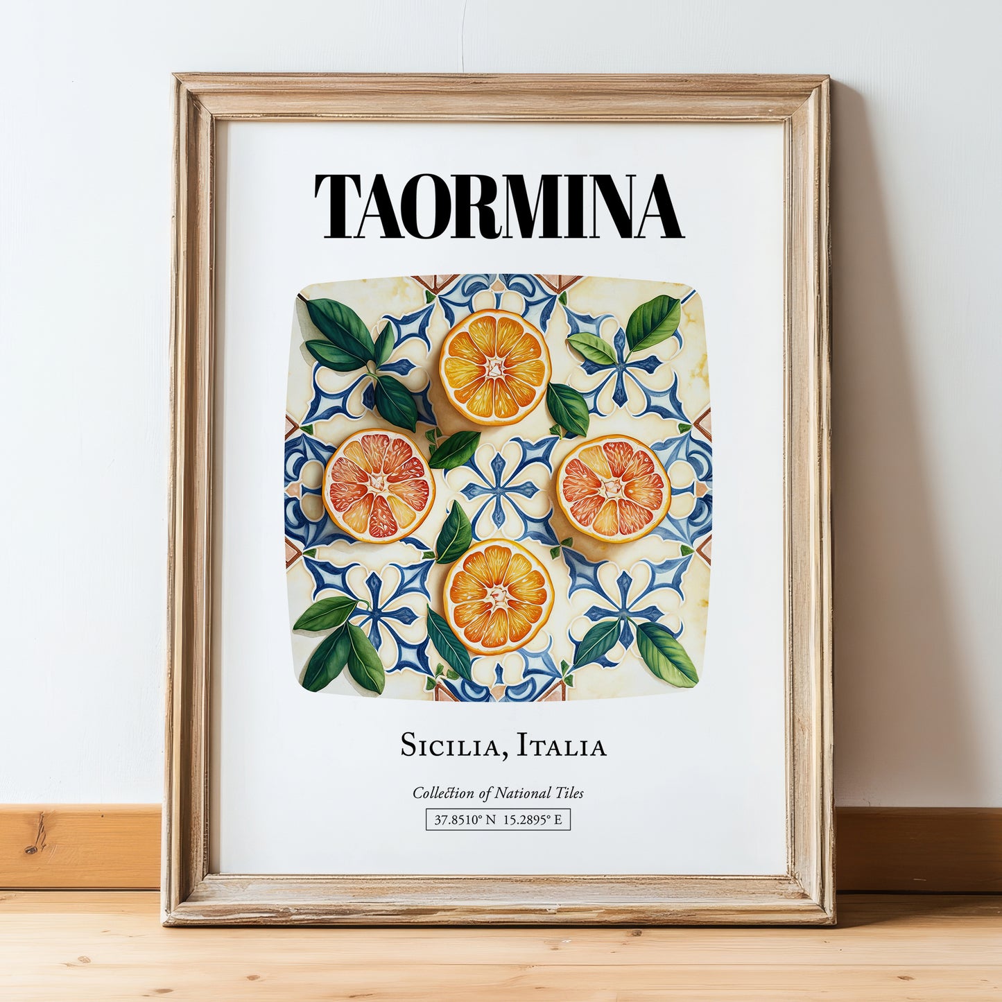 Taormina, Italy – Illustrated Travel Poster, in wooden frame leaning on the floor