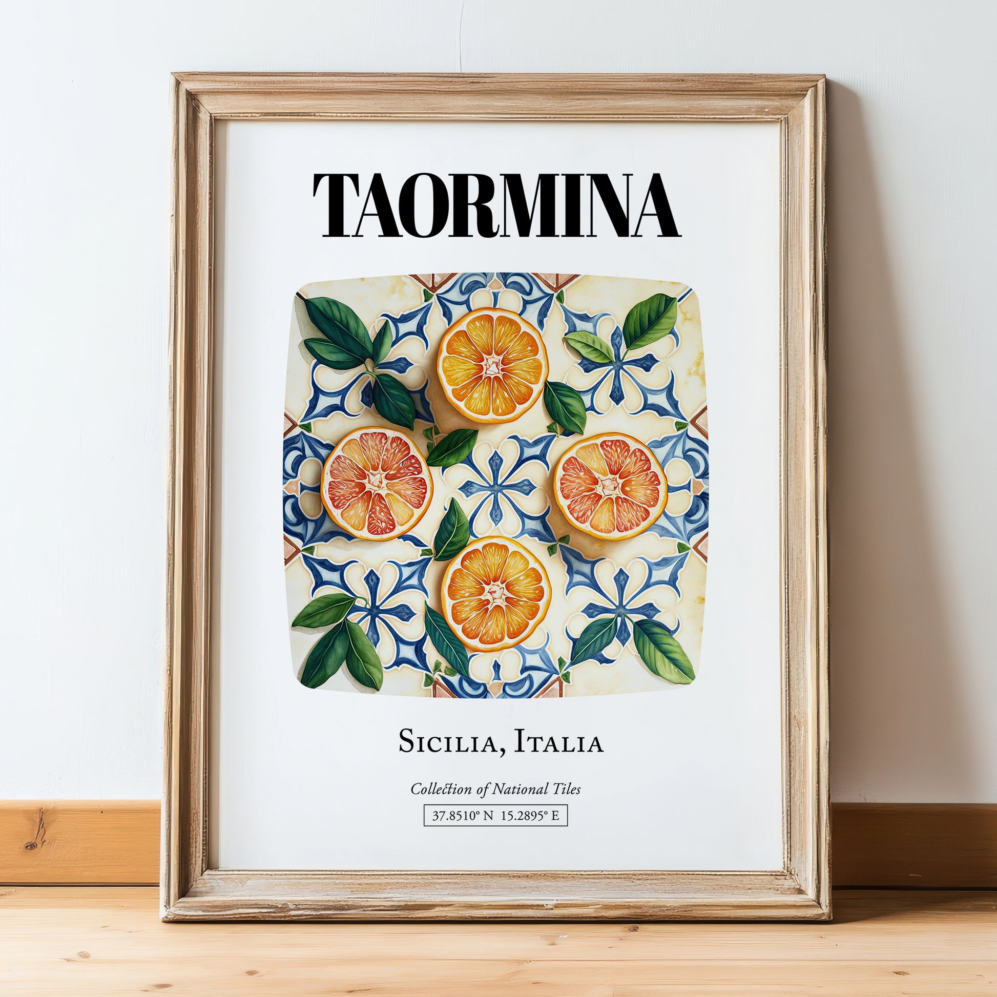 Taormina, Italy – Illustrated Travel Poster, in wooden frame leaning on the floor
