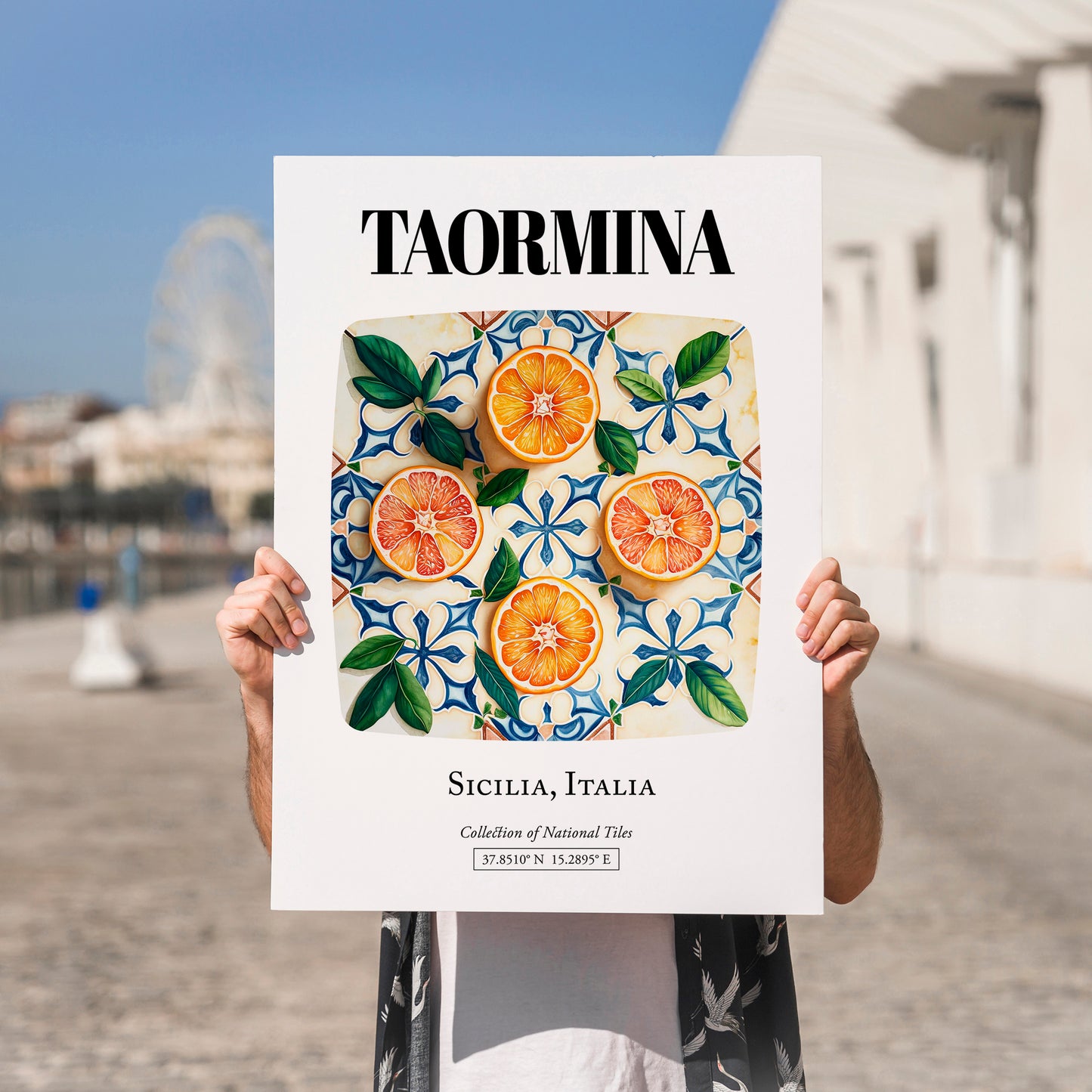 Taormina, Italy – Illustrated Travel Poster, no-text version framed in wood
