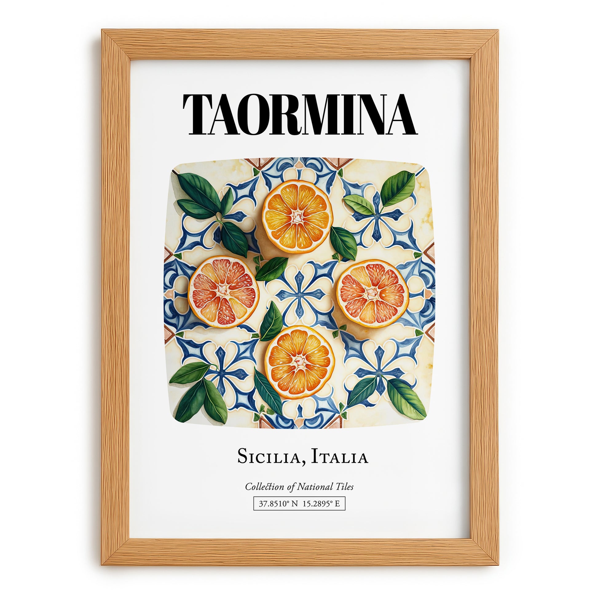 Taormina, Italy – Illustrated Travel Poster, set in oak frame