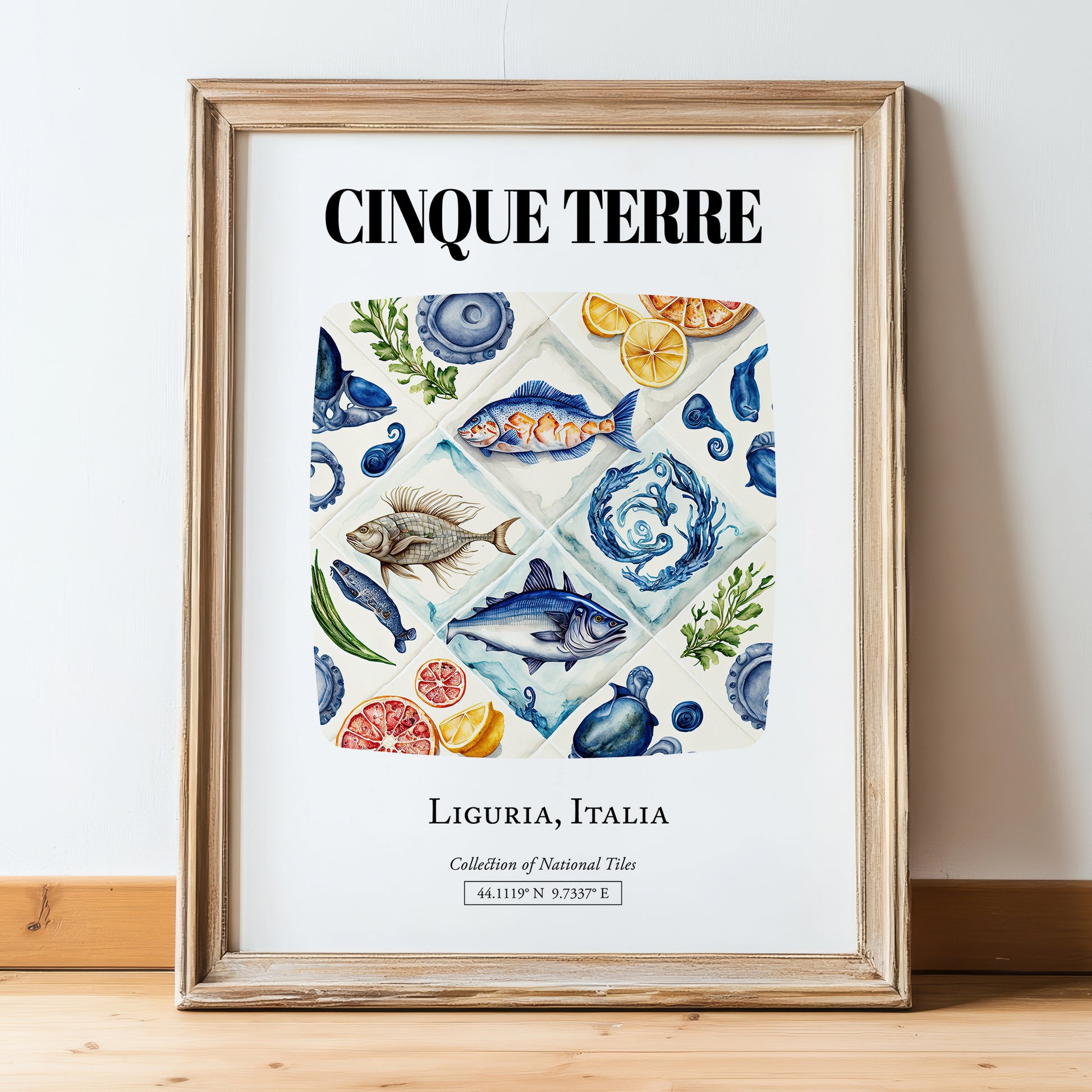 Cinque Terre, Italy – Travel Poster, in wooden frame leaning on the floor