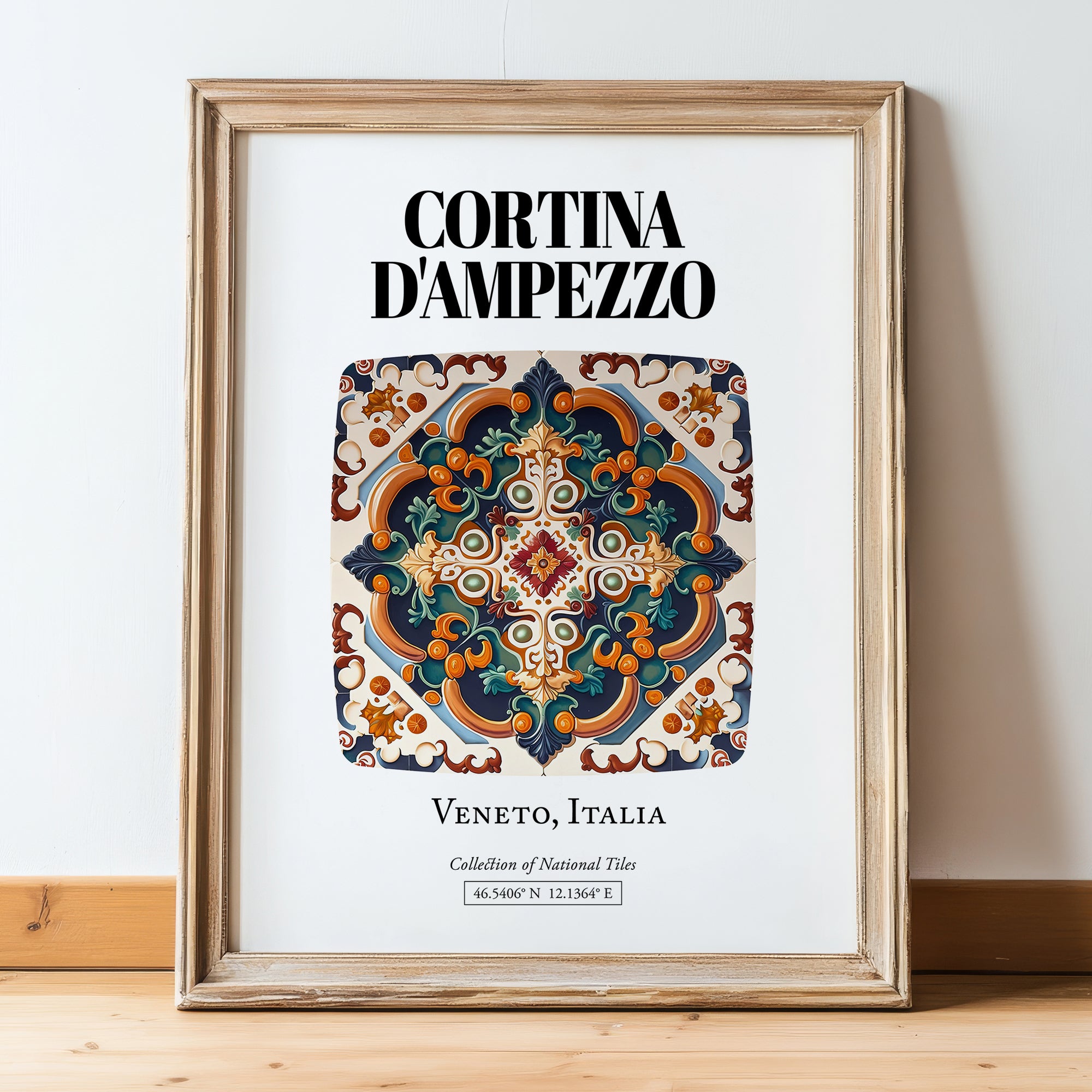 Cortina D'ampezzo, Italy – Country Culture Poster, in wooden frame leaning on the floor