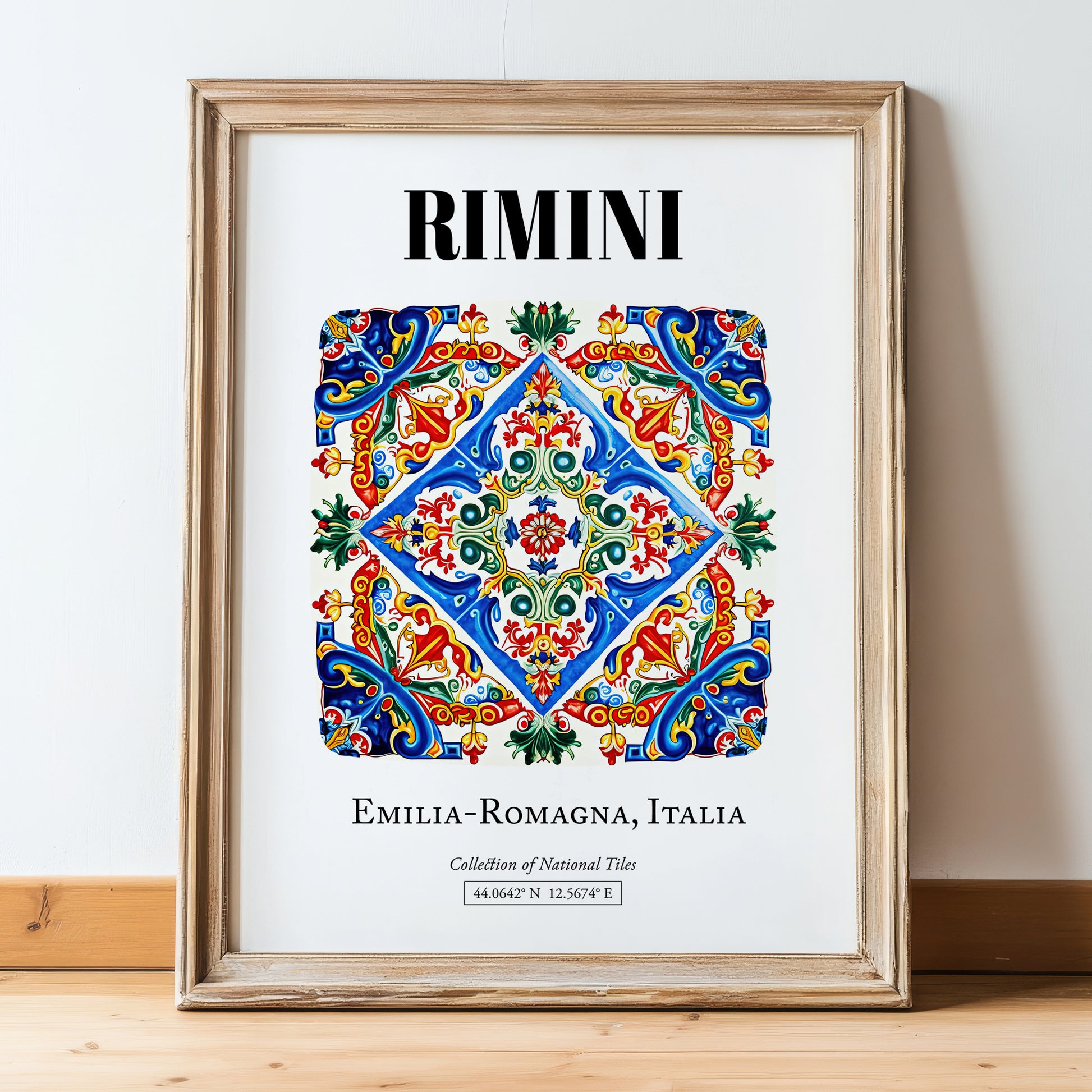 Rimini, Italy – Illustrated Travel Poster, in wooden frame leaning on the floor