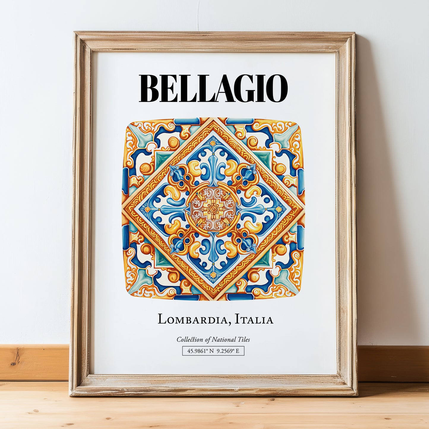 Bellagio, Italy – Vintage Travel Poster, in wooden frame leaning on the floor