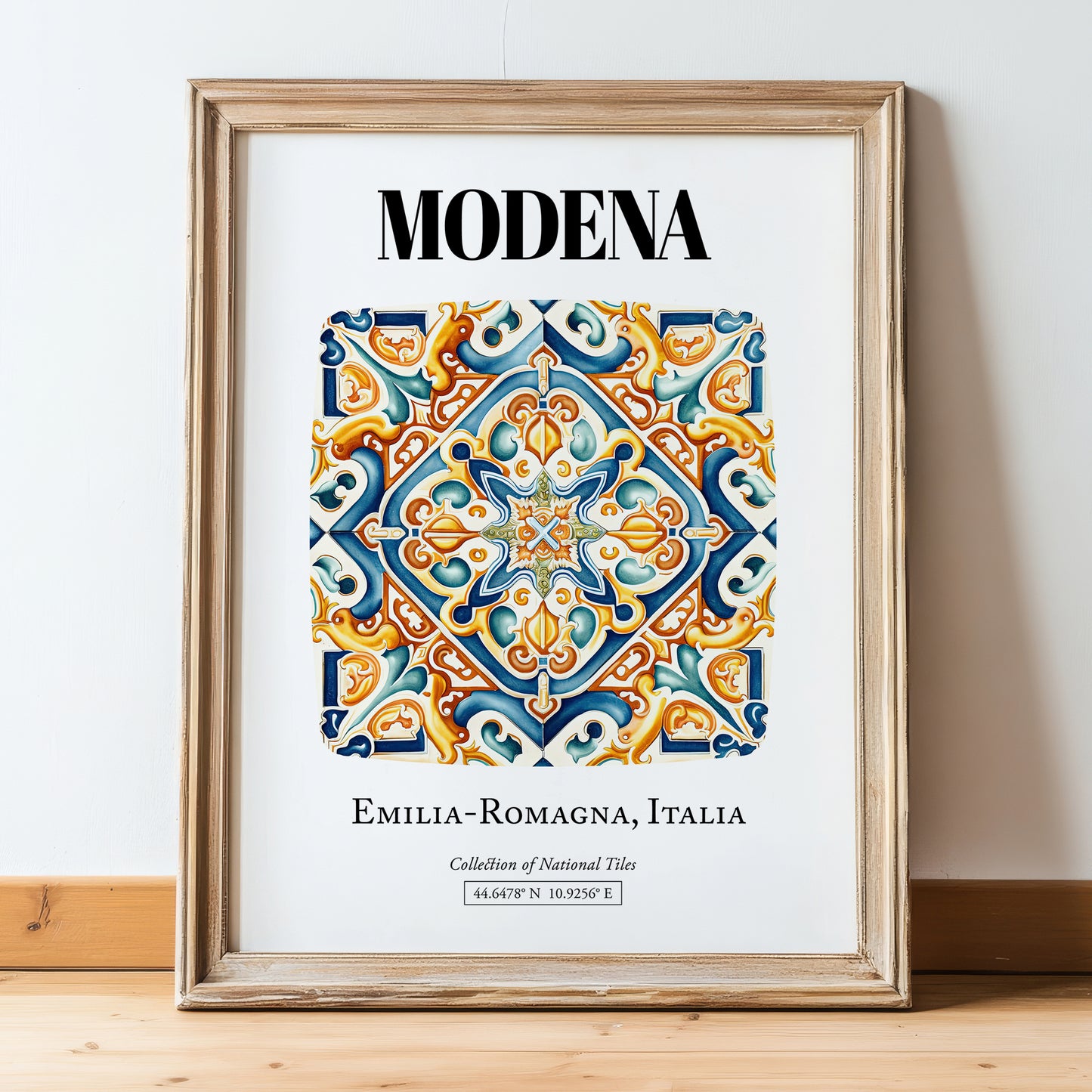 Modena, Italy – Travel Poster, in wooden frame leaning on the floor