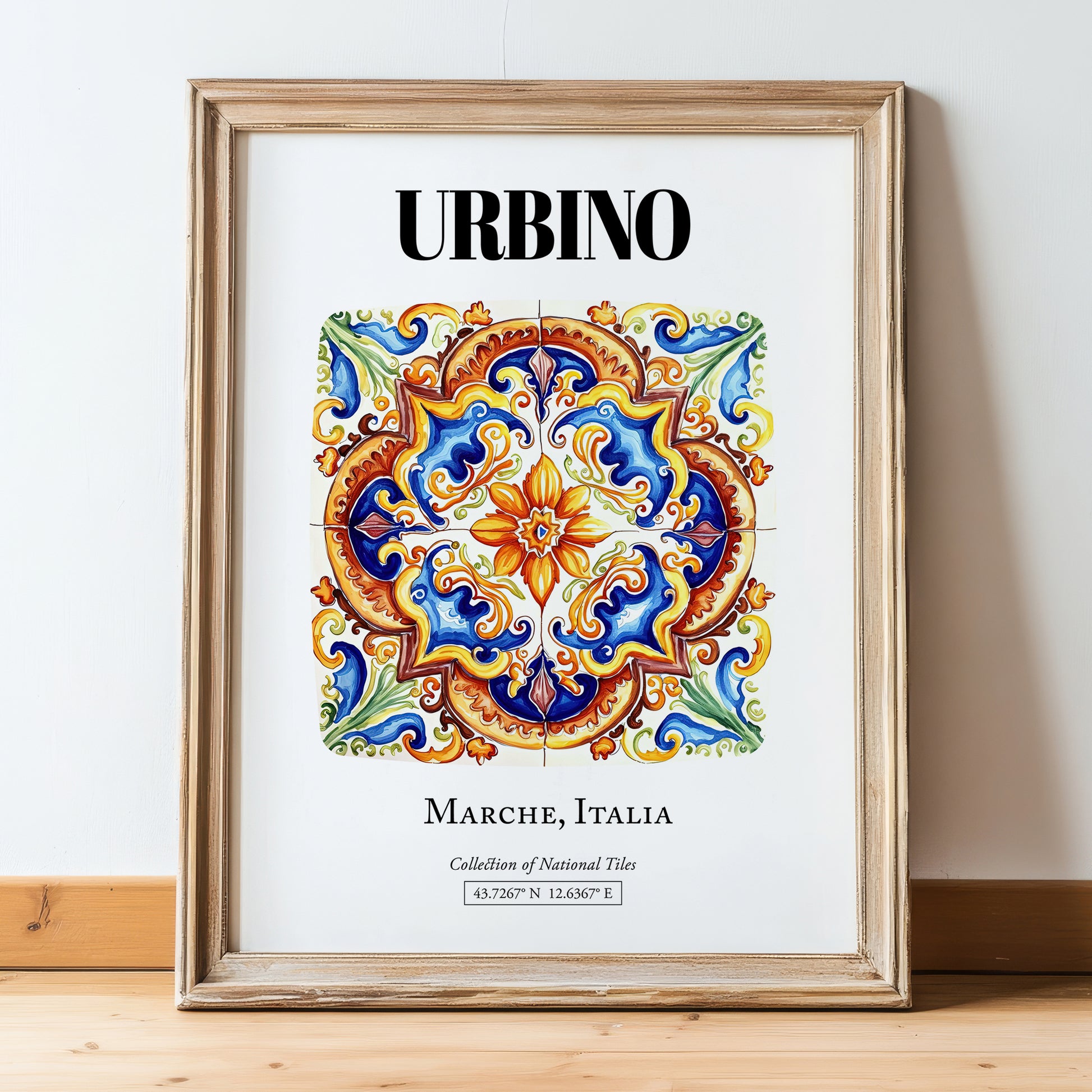 Urbino, Italy – Away From Home Poster, in wooden frame leaning on the floor