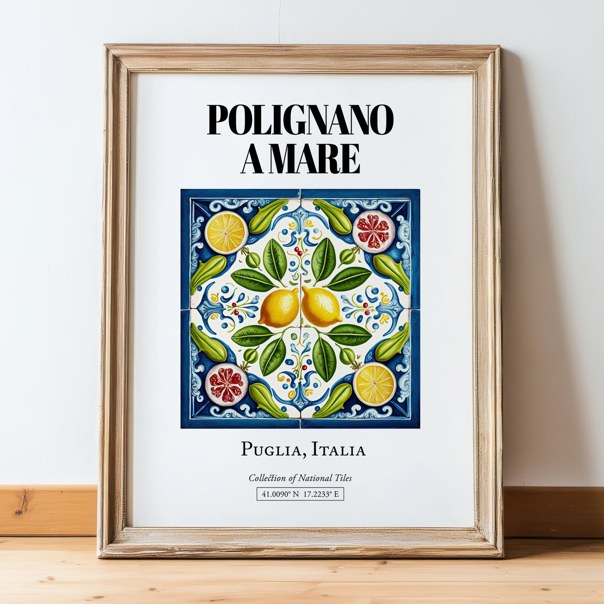 Polignano A Mare, Italy – Illustrated Travel Poster, in wooden frame leaning on the floor