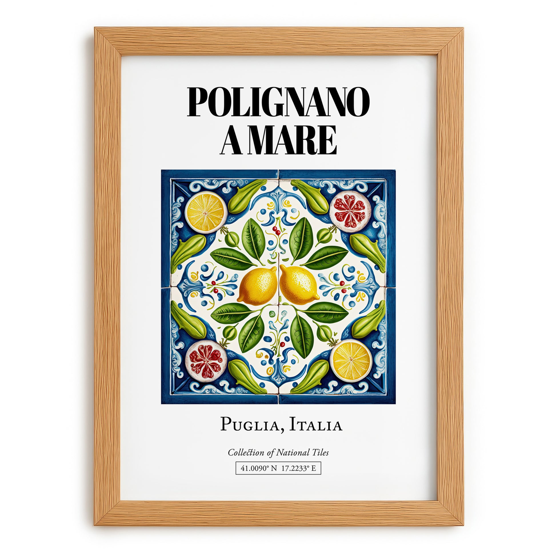Polignano A Mare, Italy – Illustrated Travel Poster, set in oak frame