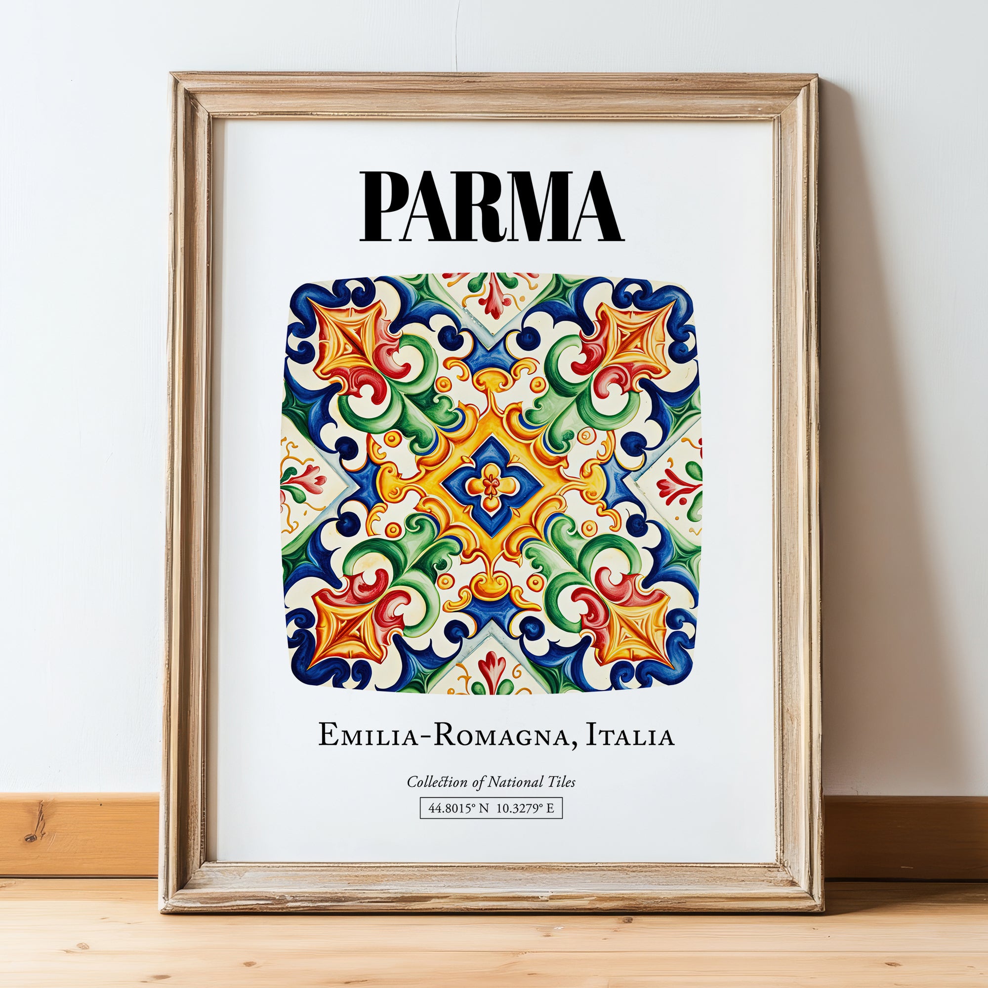 Parma, Italy – Travel Poster, in wooden frame leaning on the floor