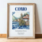 Como, Italy – Travel Poster, in wooden frame leaning on the floor