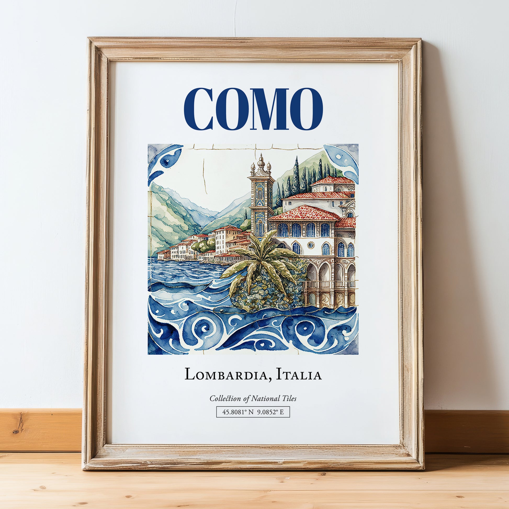 Como, Italy – Travel Poster, in wooden frame leaning on the floor