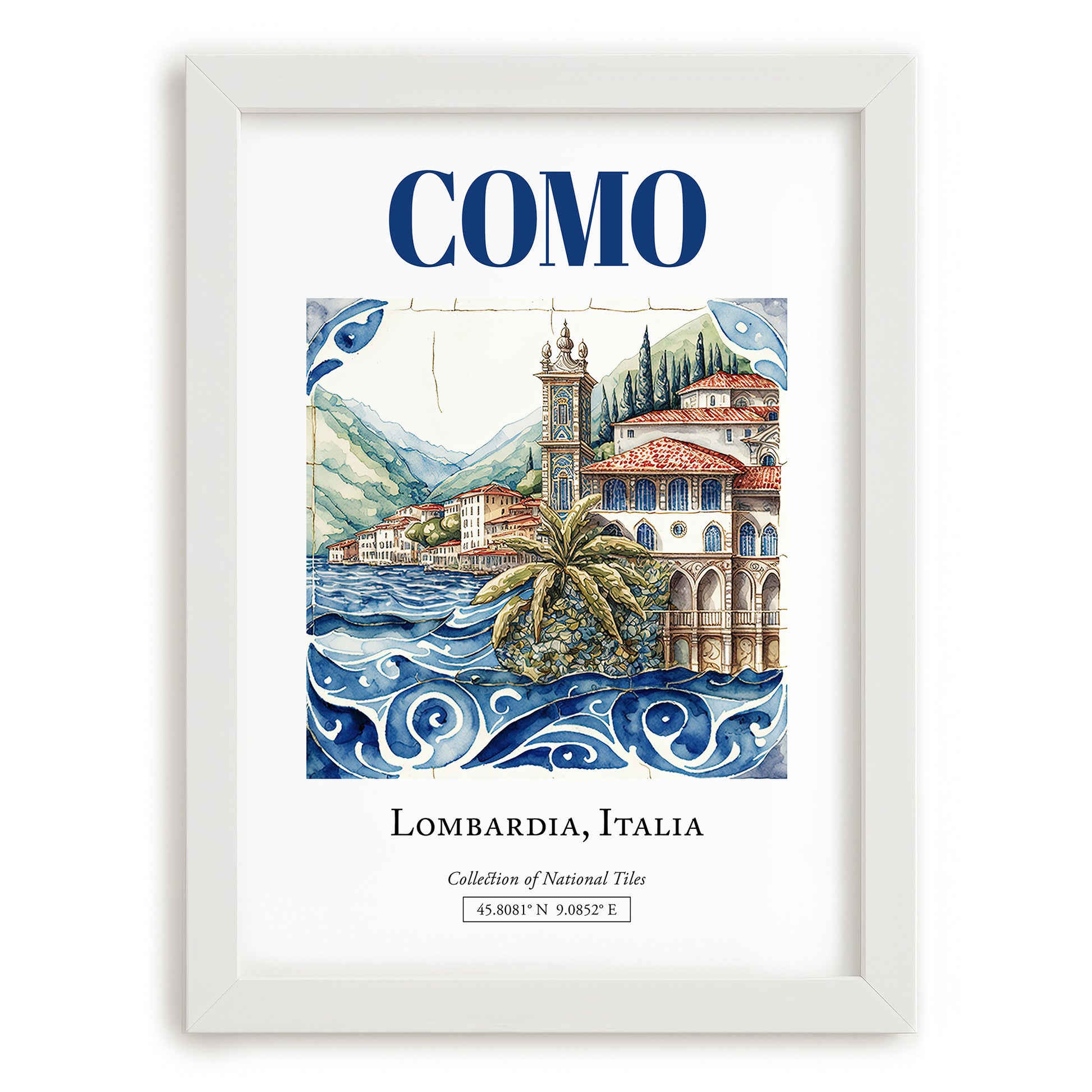 Como, Italy – Travel Poster, placed in minimal white frame
