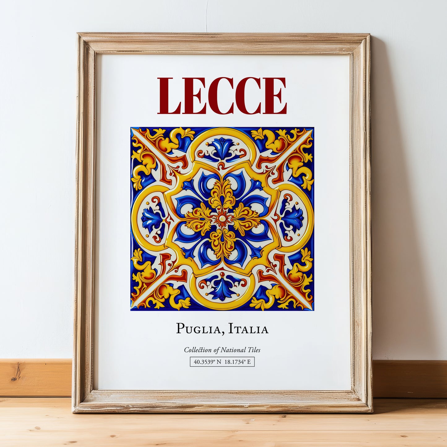 Lecce, Italy – Retro Travel Poster, in wooden frame leaning on the floor