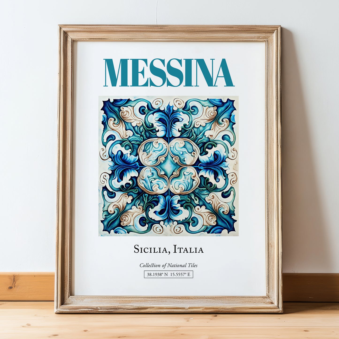 Messina, Italy – Architectural Travel Art, in wooden frame leaning on the floor