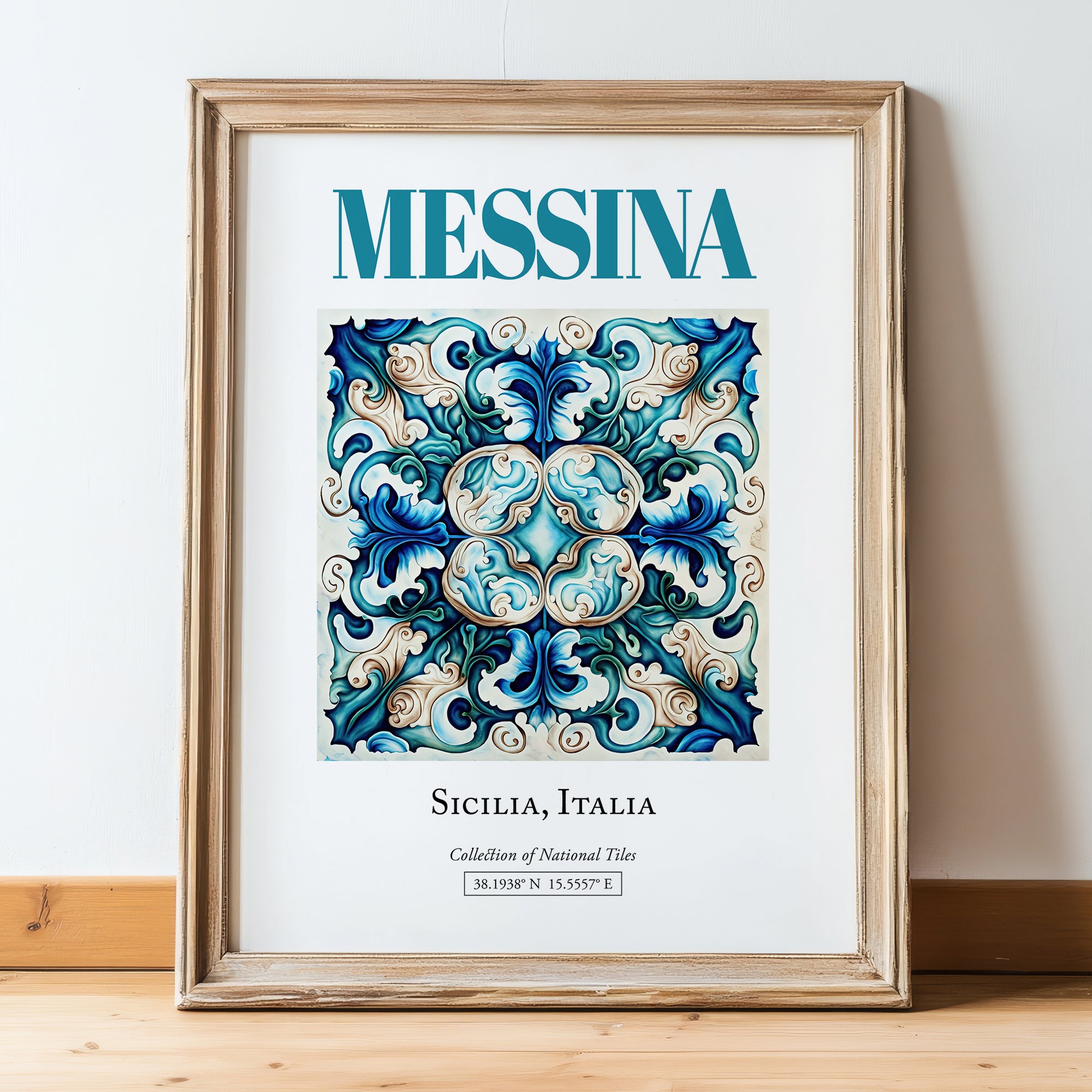 Messina, Italy – Architectural Travel Art, in wooden frame leaning on the floor