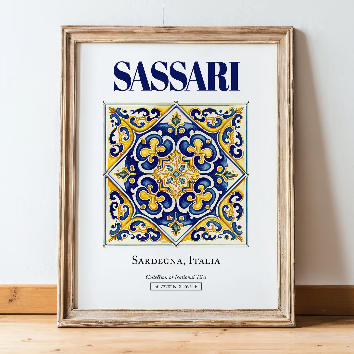 Sassari, Italy – Travel Wall Art, in wooden frame leaning on the floor