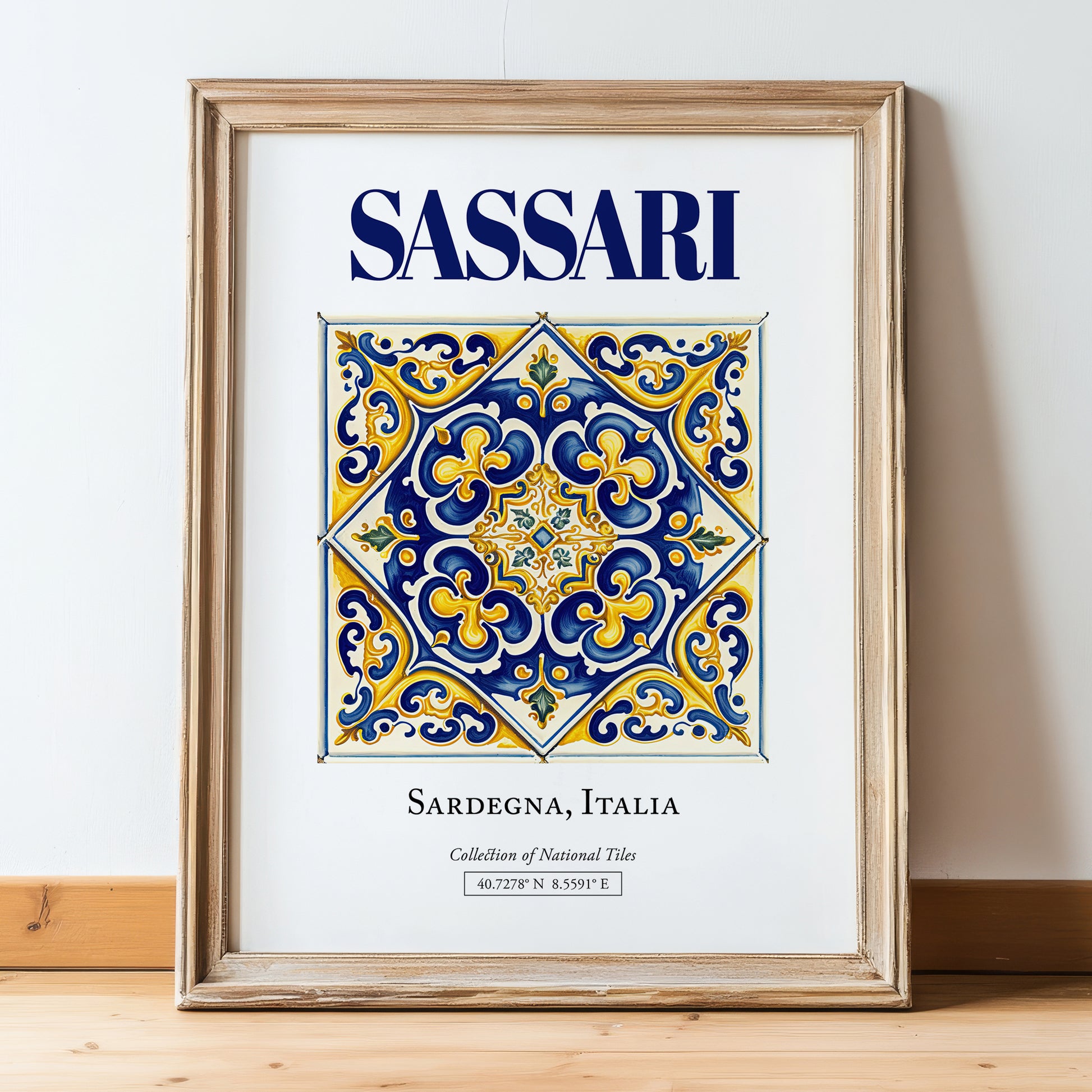 Sassari, Italy – Travel Wall Art, in wooden frame leaning on the floor