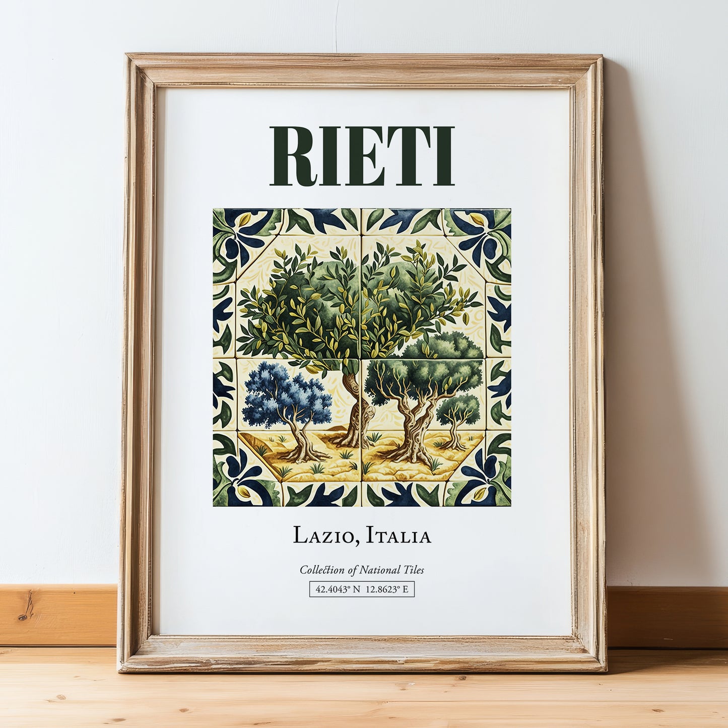 Rieti, Italy – Travel Poster, in wooden frame leaning on the floor