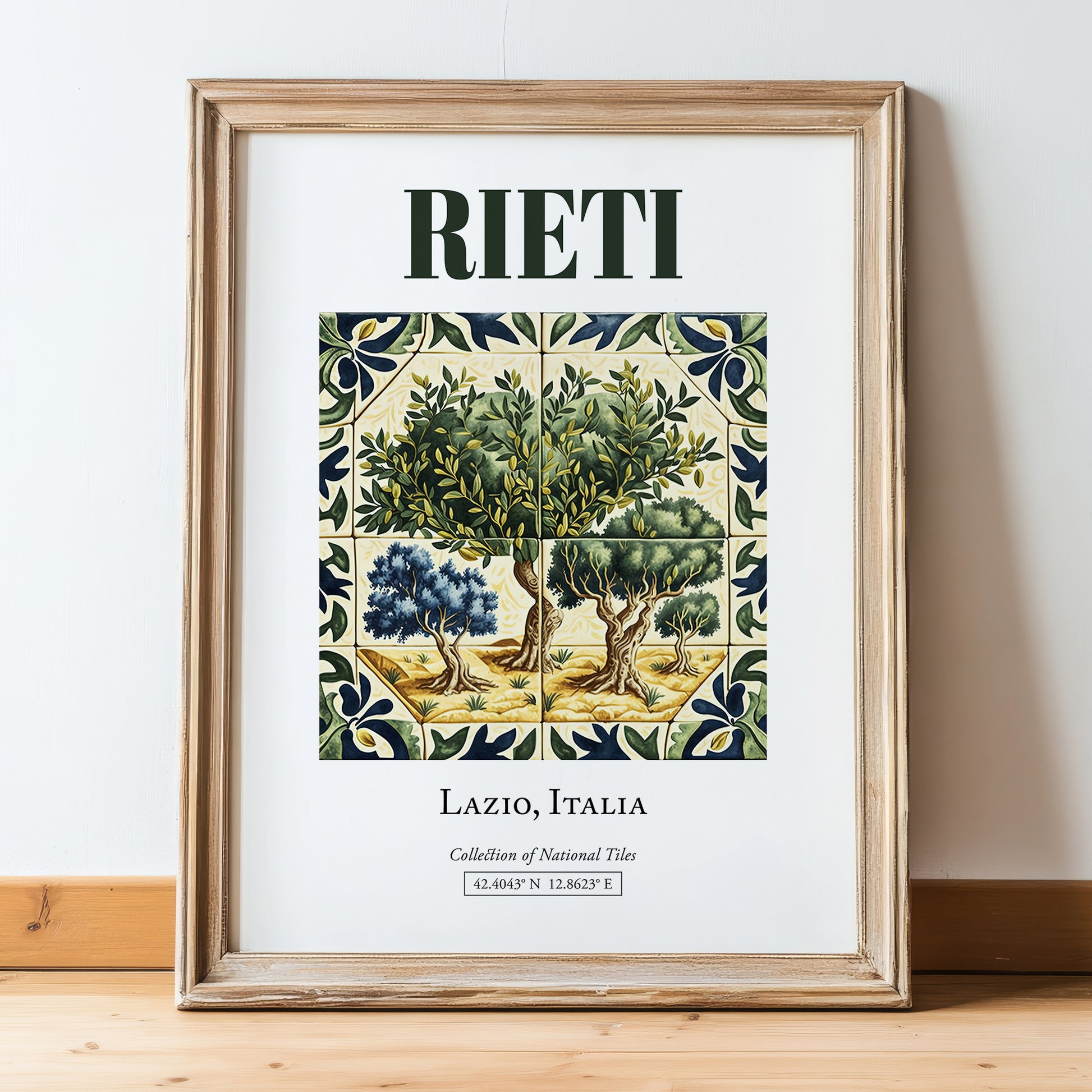 Rieti, Italy – Travel Poster, in wooden frame leaning on the floor