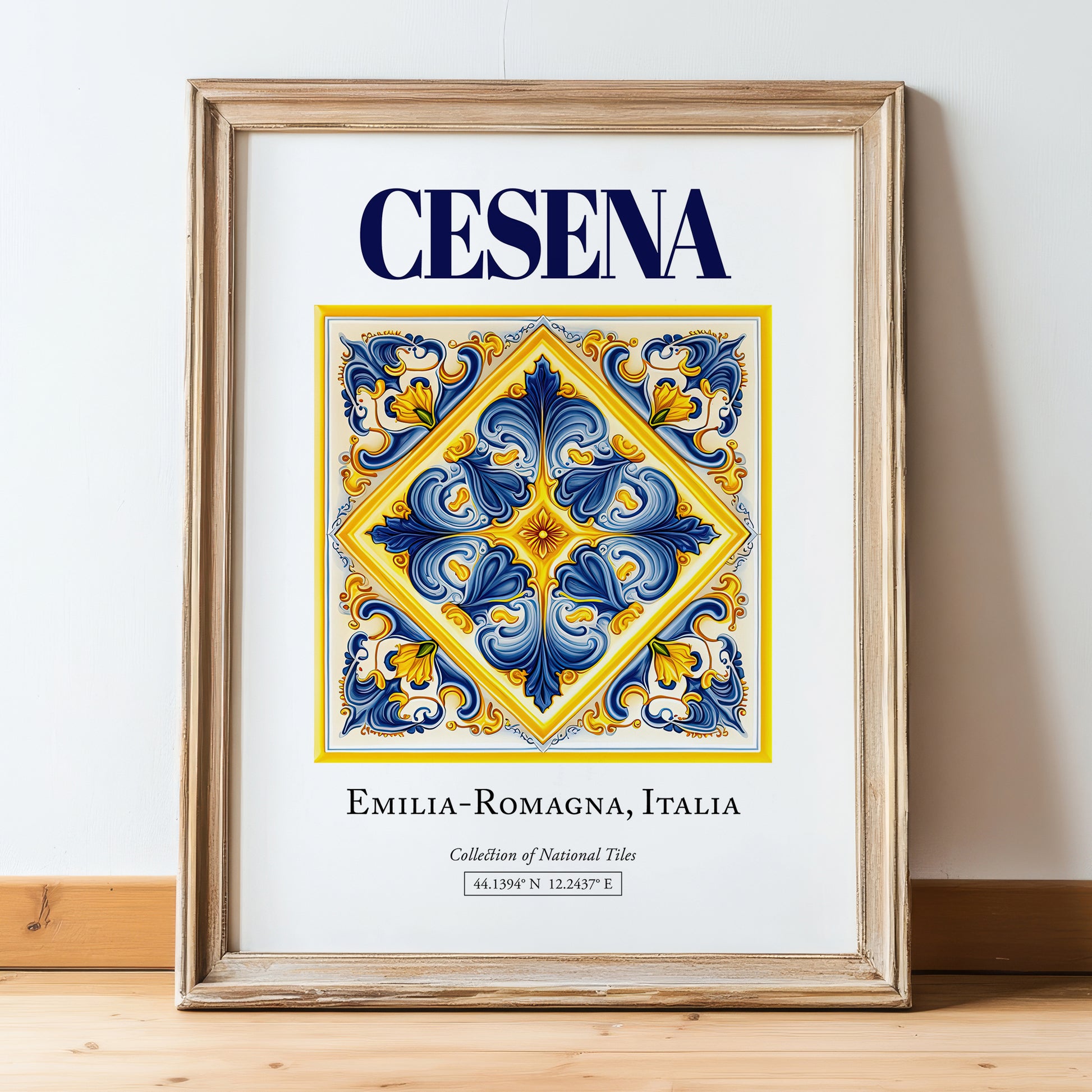 Cesena, Italy – Travel Poster, in wooden frame leaning on the floor